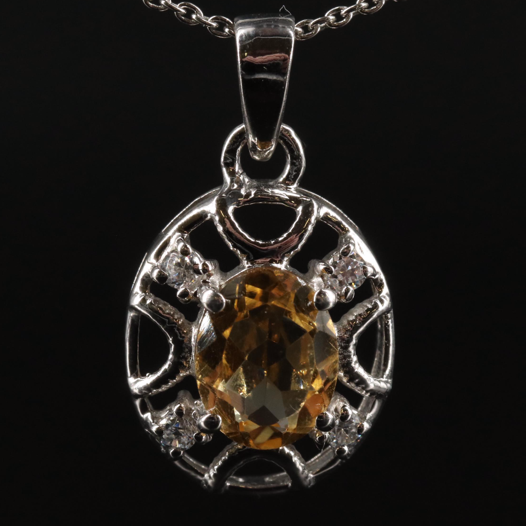 Sterling Citrine and Cubic Zirconia Pendant Necklace