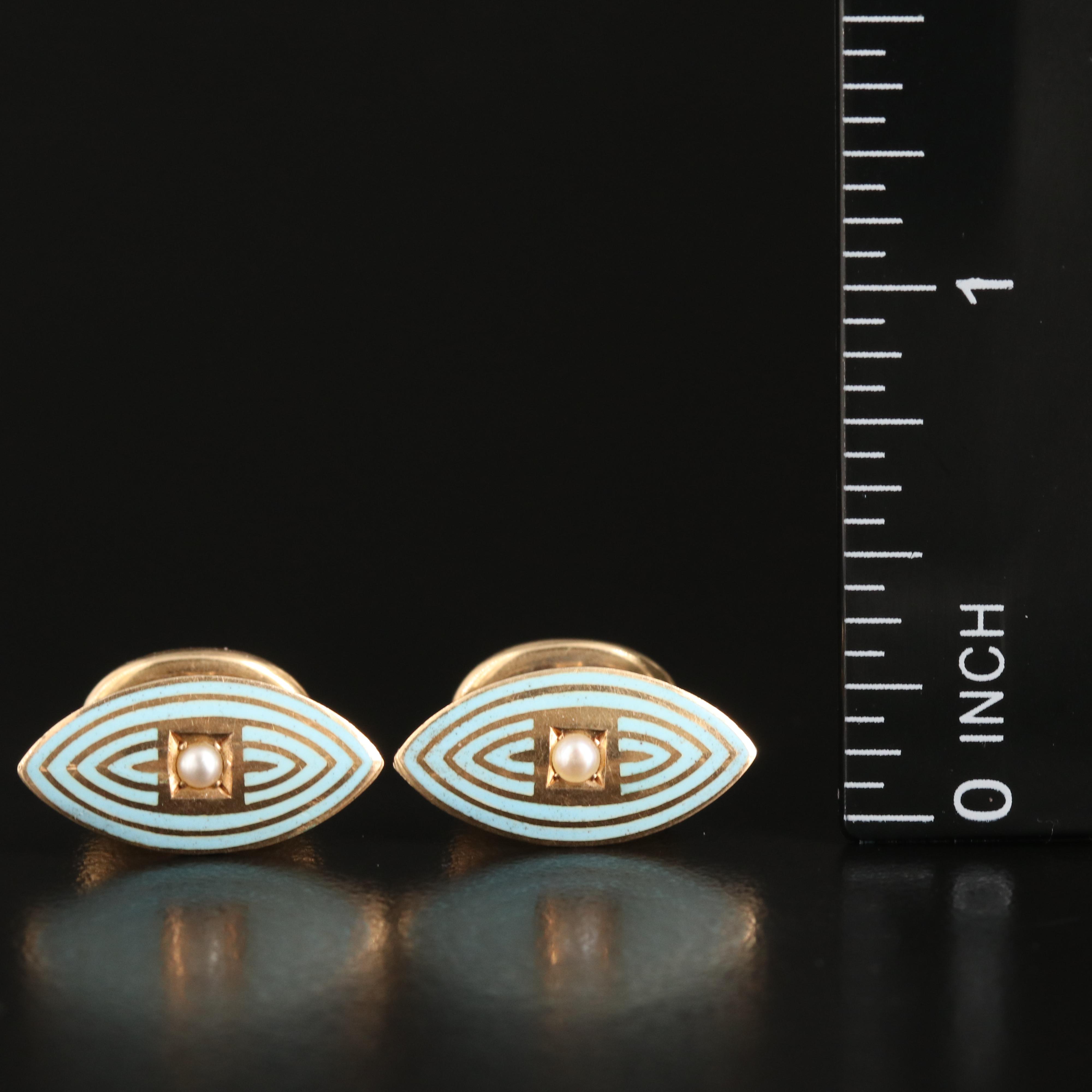 Art Nouveau Riker Bros. 14K Enamel and Seed Pearl Navette Cufflinks