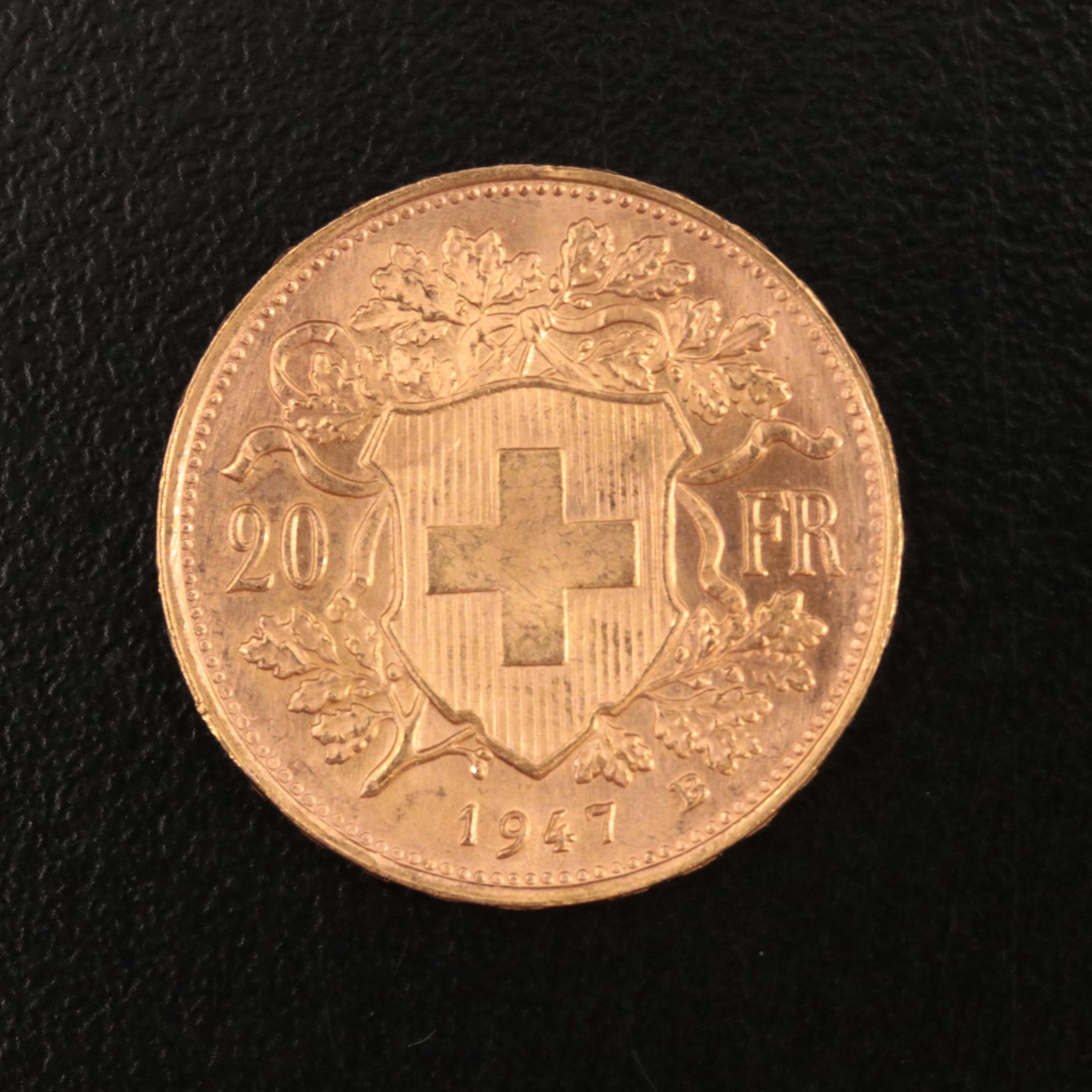 1947 B Switzerland Twenty Francs Gold Coin