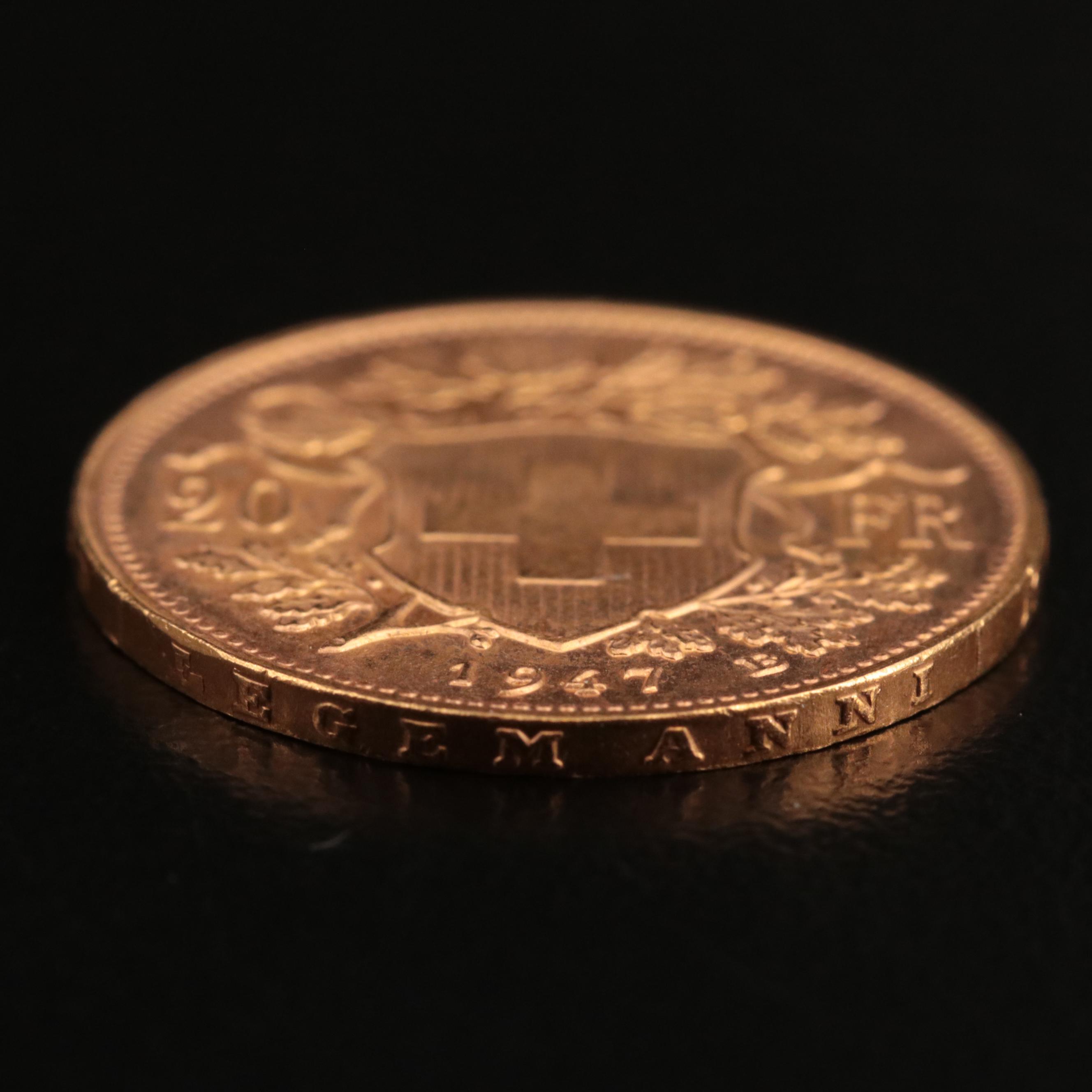 1947 B Switzerland Twenty Francs Gold Coin