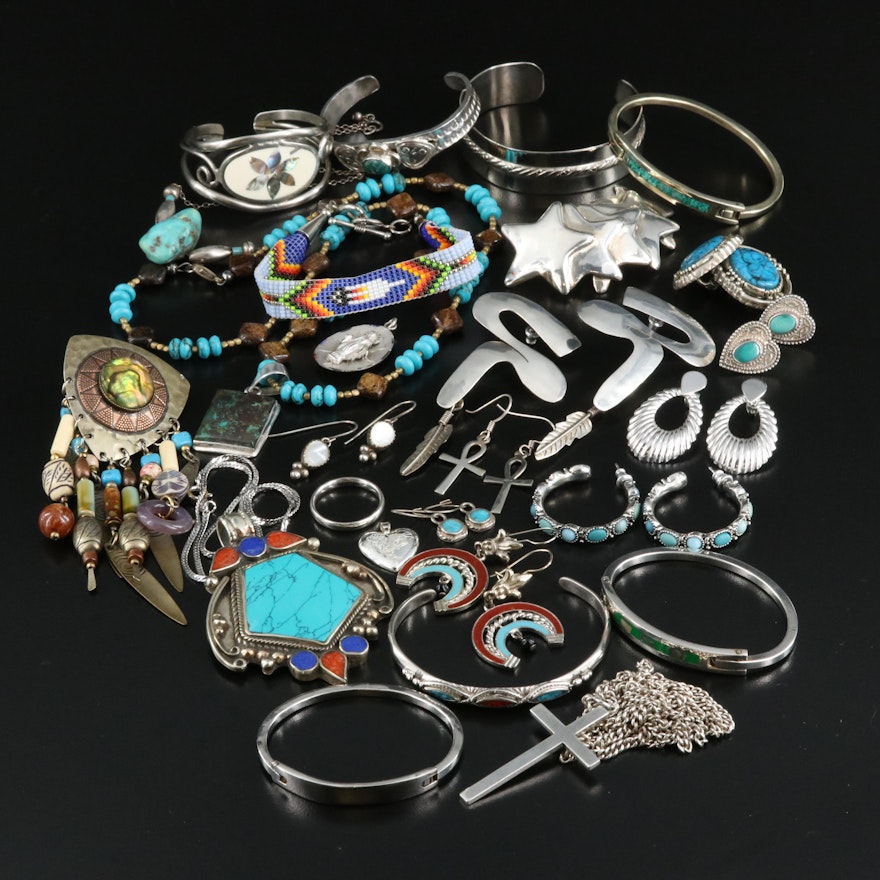 Southwestern Grouping Including Quoc Turquoise and Signed Feather Earrings