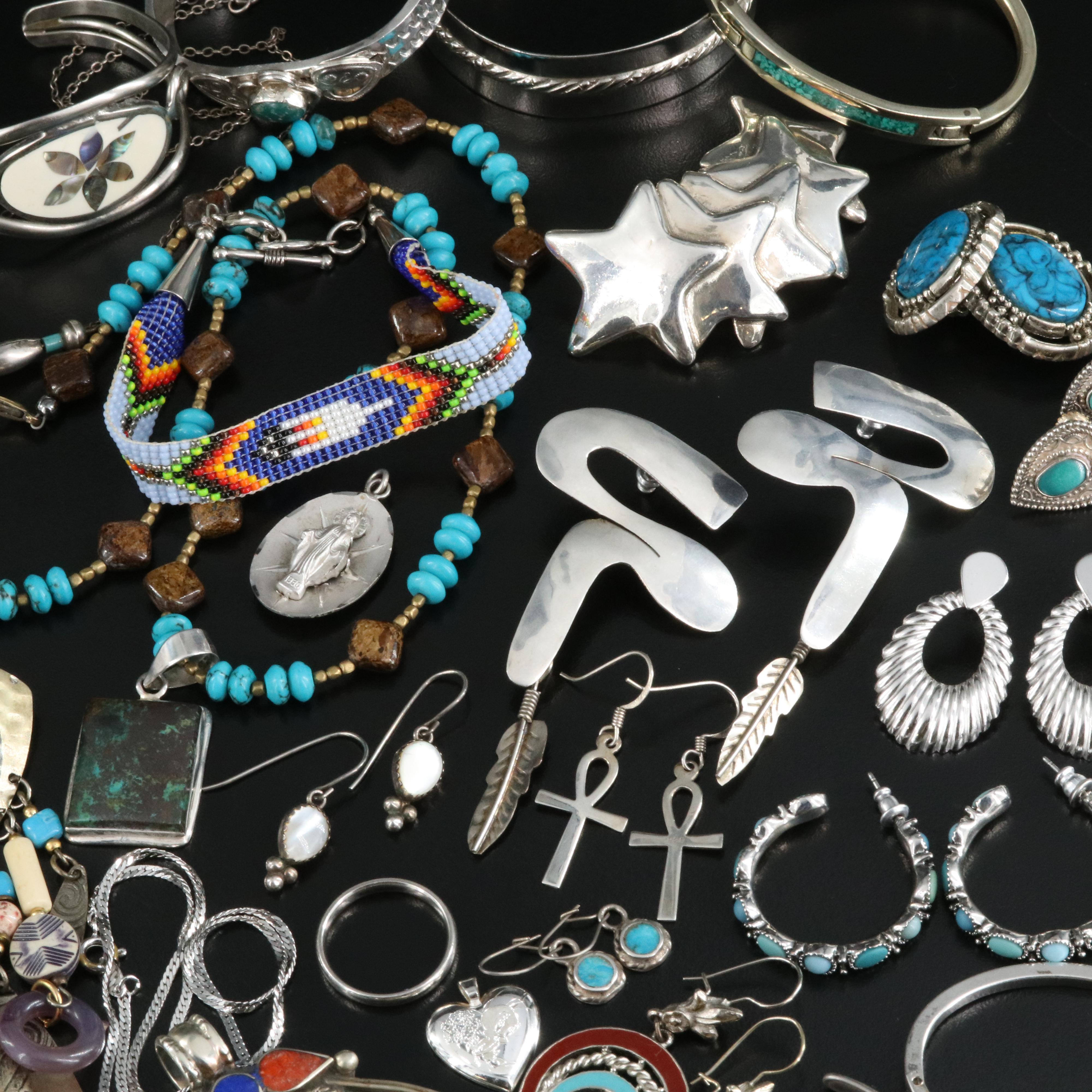 Southwestern Grouping Including Quoc Turquoise and Signed Feather Earrings