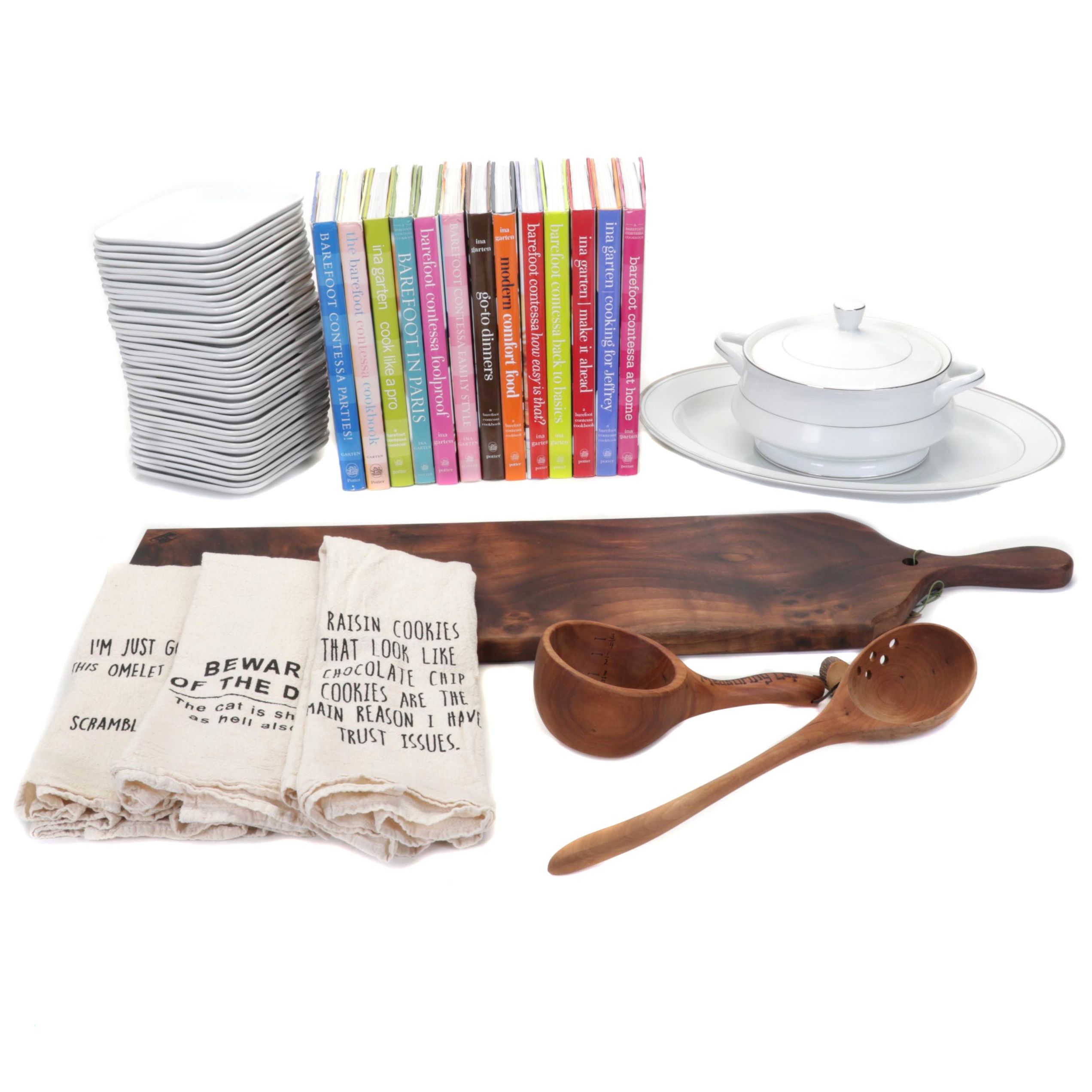 Ina Garten "Barefoot Contessa" Cookbooks with Large Walnut Cheeseboard and More