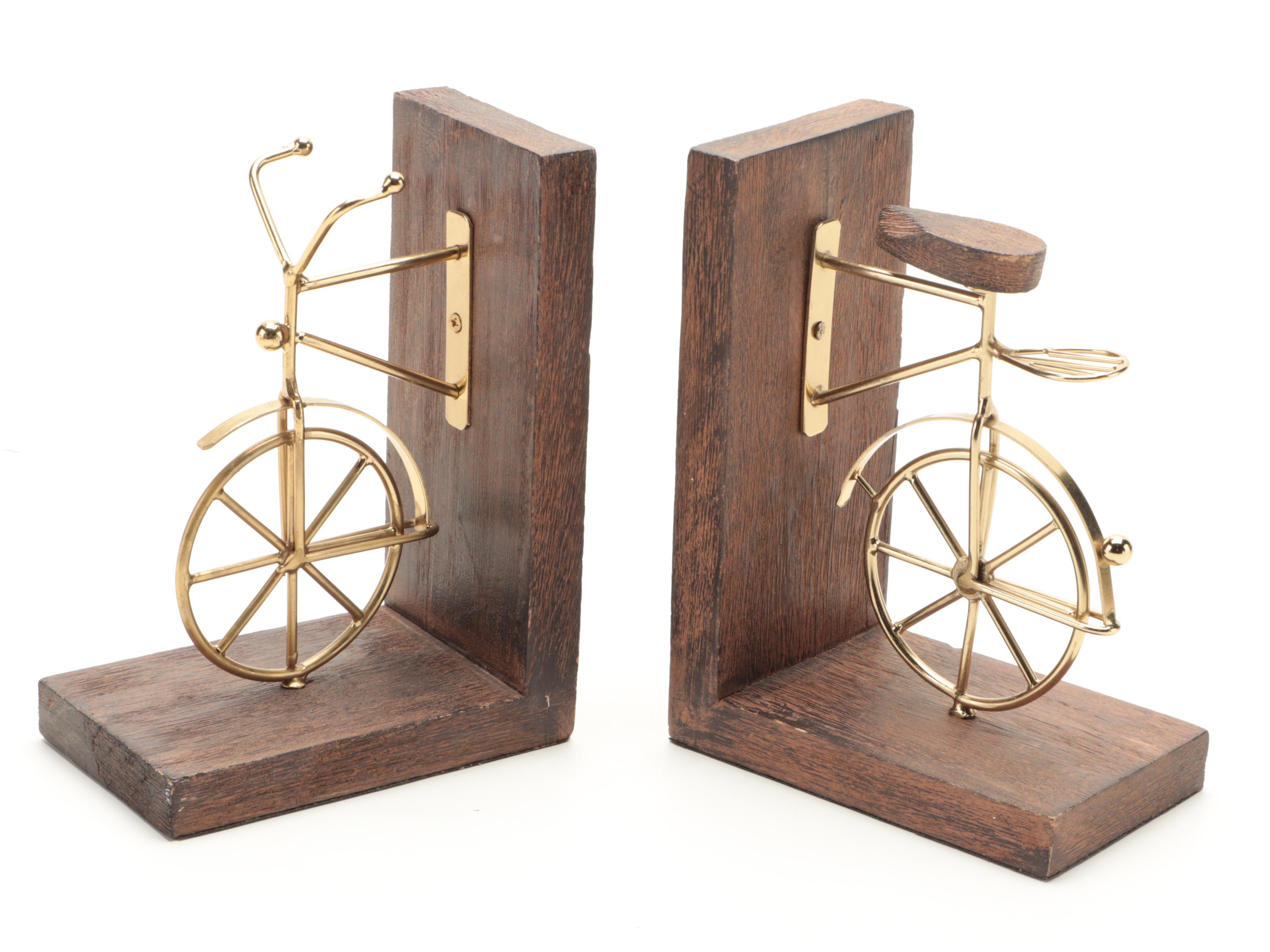 Gilt Metal Wire Bicycle Bookends with Banded Wood Spheres and Wall Décor