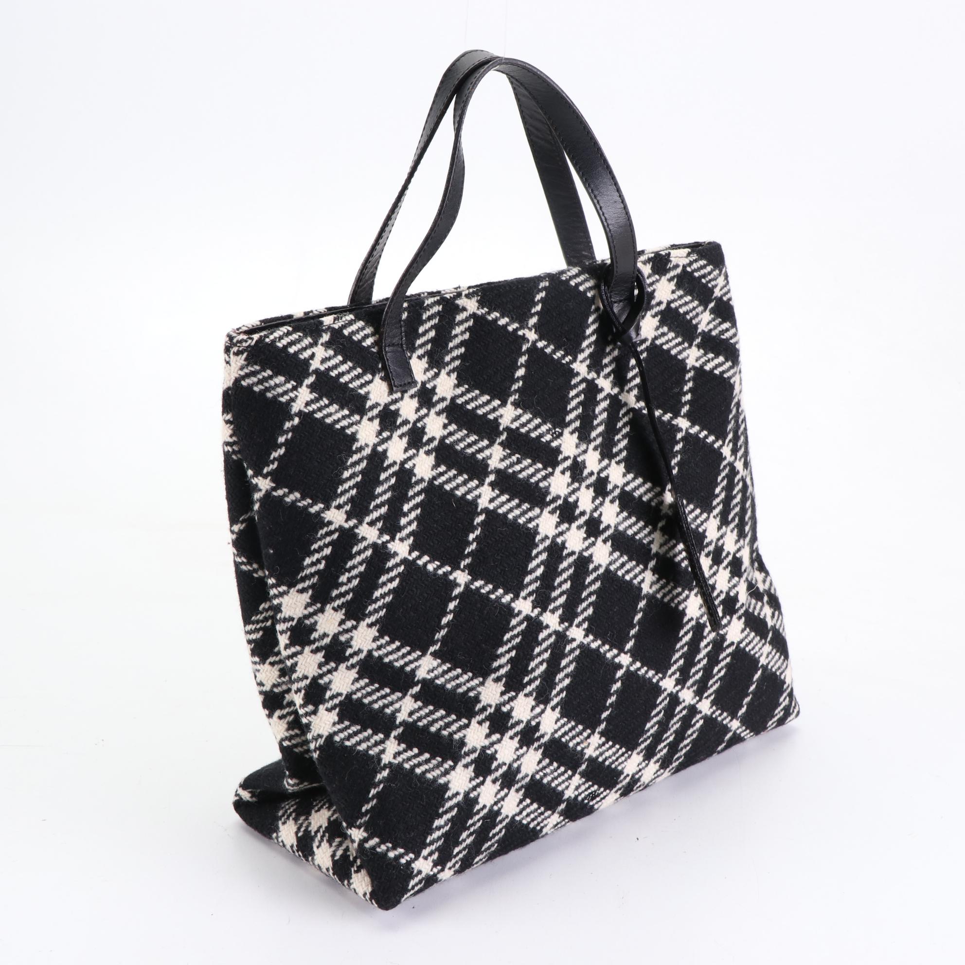 Burberry Handbag in Black and White Wool Check with Leather Trim