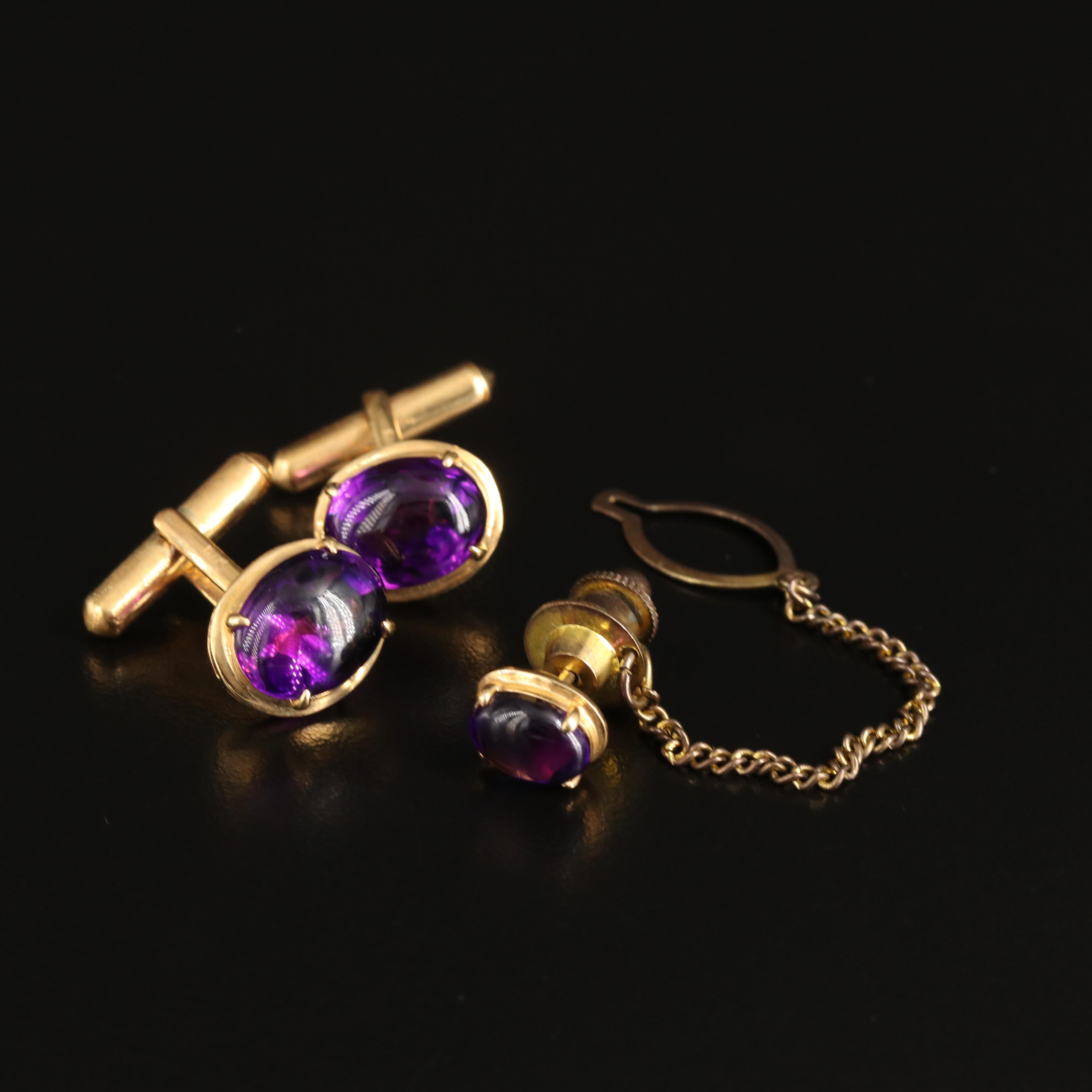 18K Amethyst Cufflinks and Tie Tack