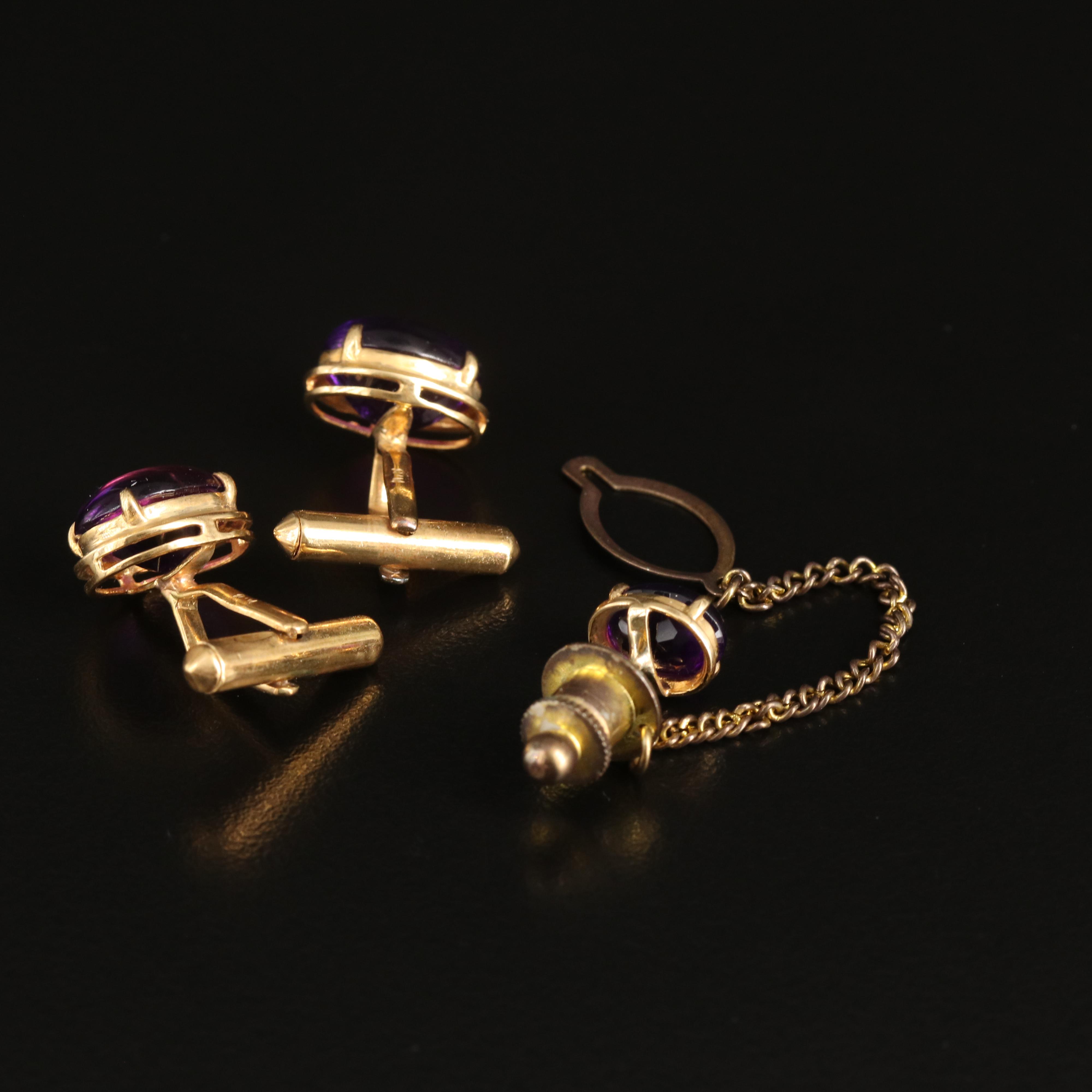 18K Amethyst Cufflinks and Tie Tack