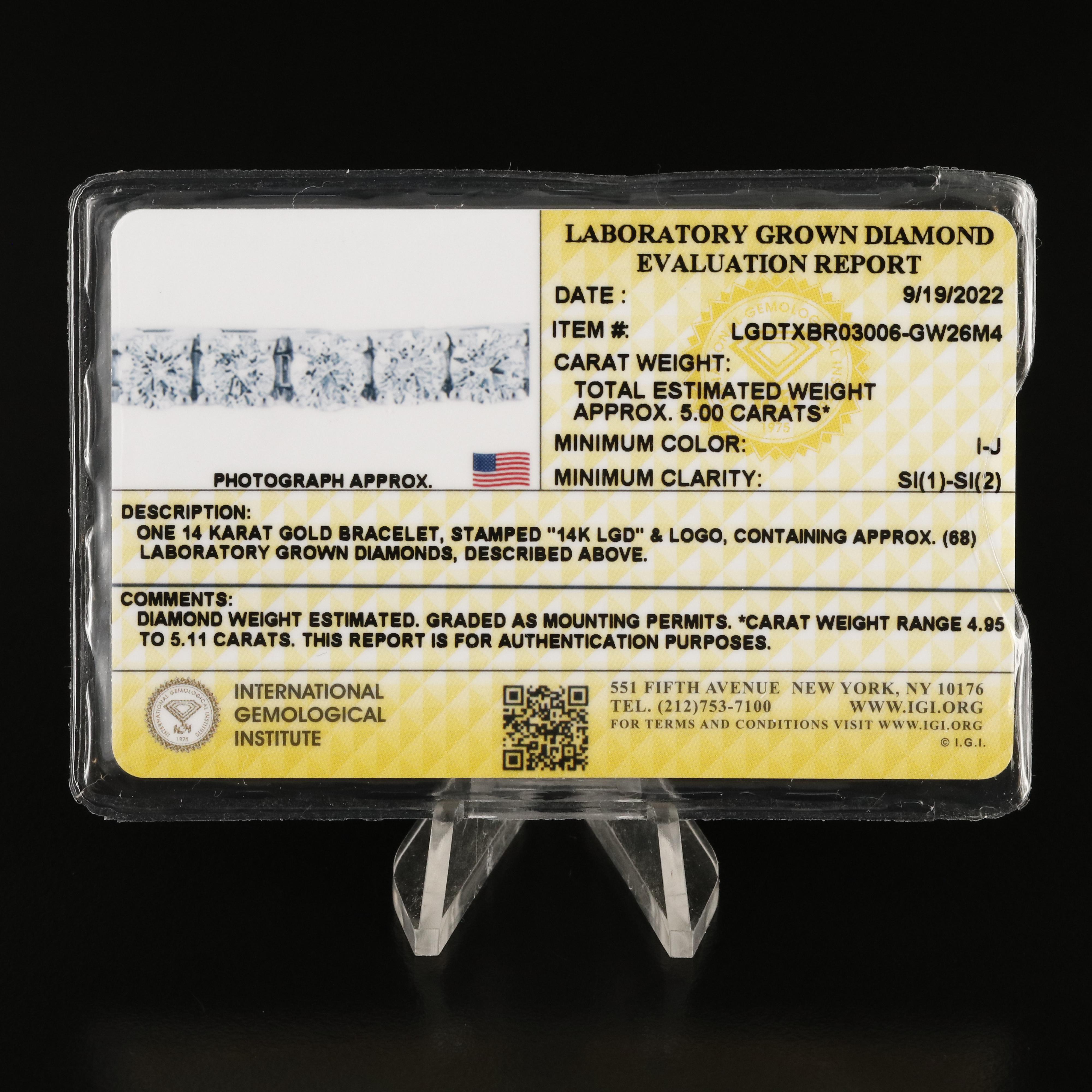 14K 5.00 CTW Lab Grown Diamond Bracelet with IGI Report