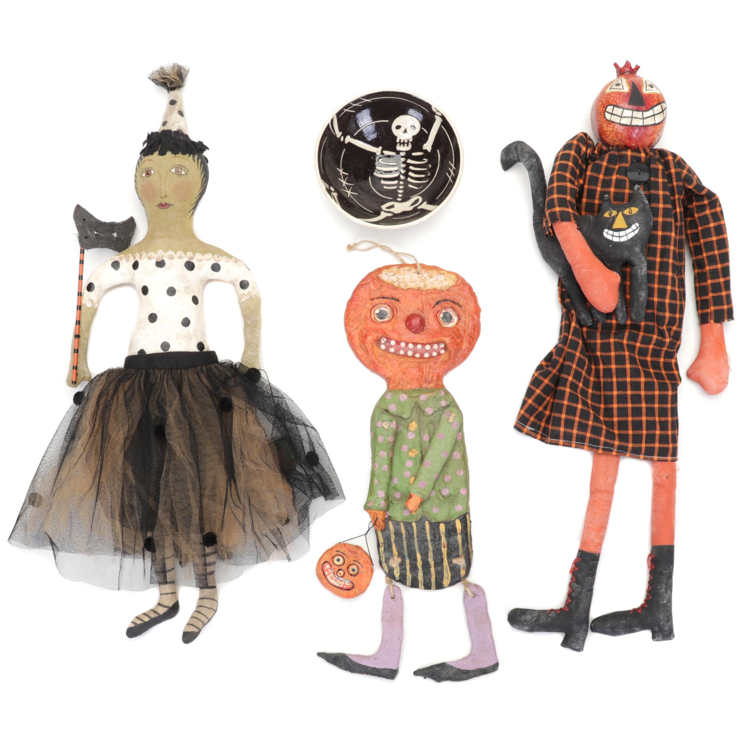 Rebecca Graves Stoneware Skeleton Bowl with Mixed Media Halloween Dolls