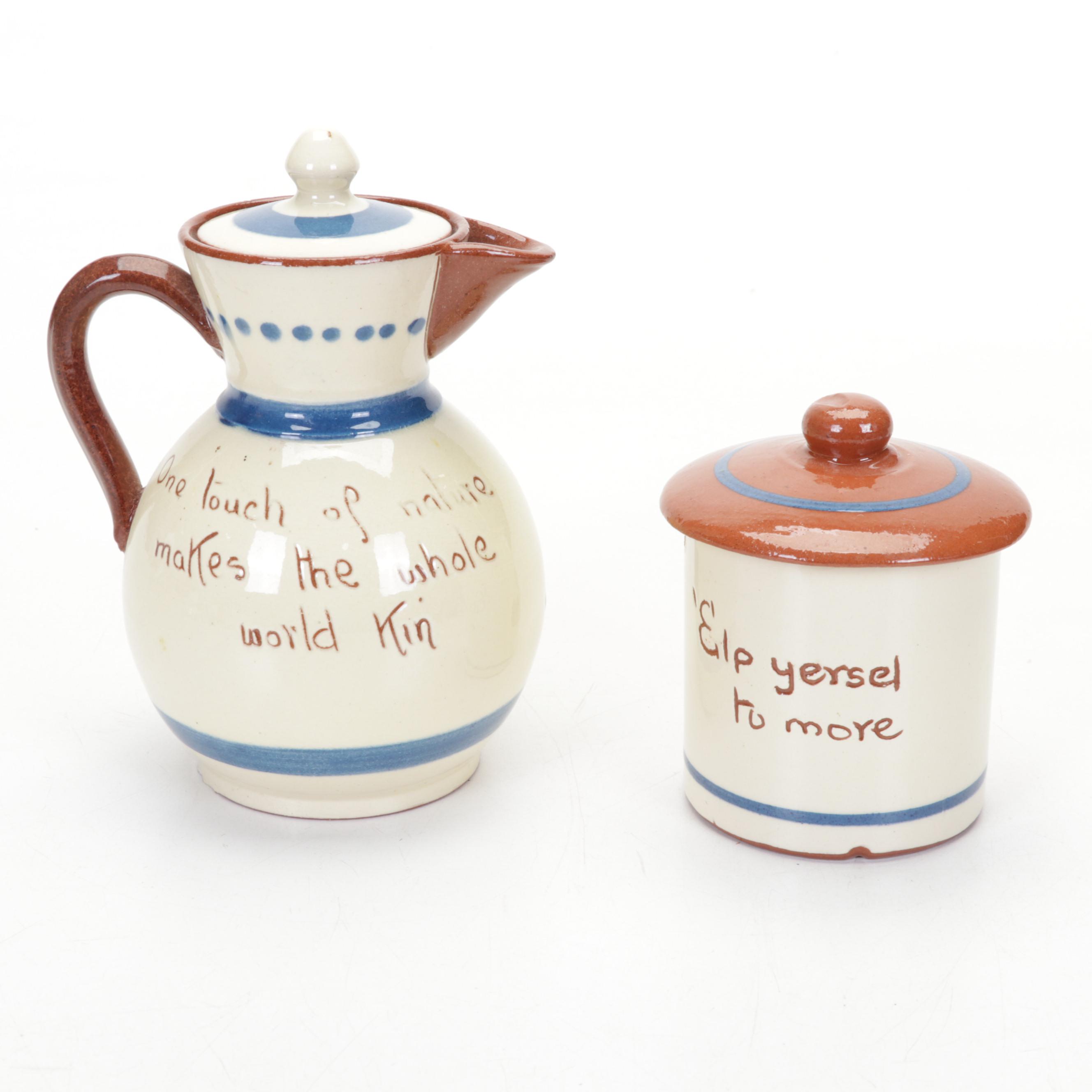 Torquay Pottery Mottoware Dishes With Betty Talbott Butter Dish and Redware