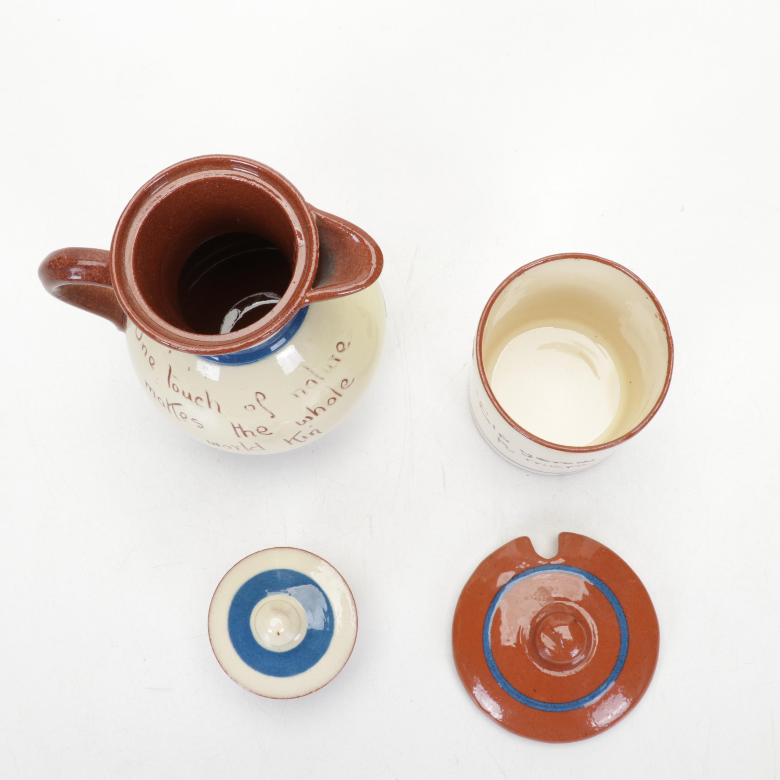 Torquay Pottery Mottoware Dishes With Betty Talbott Butter Dish and Redware