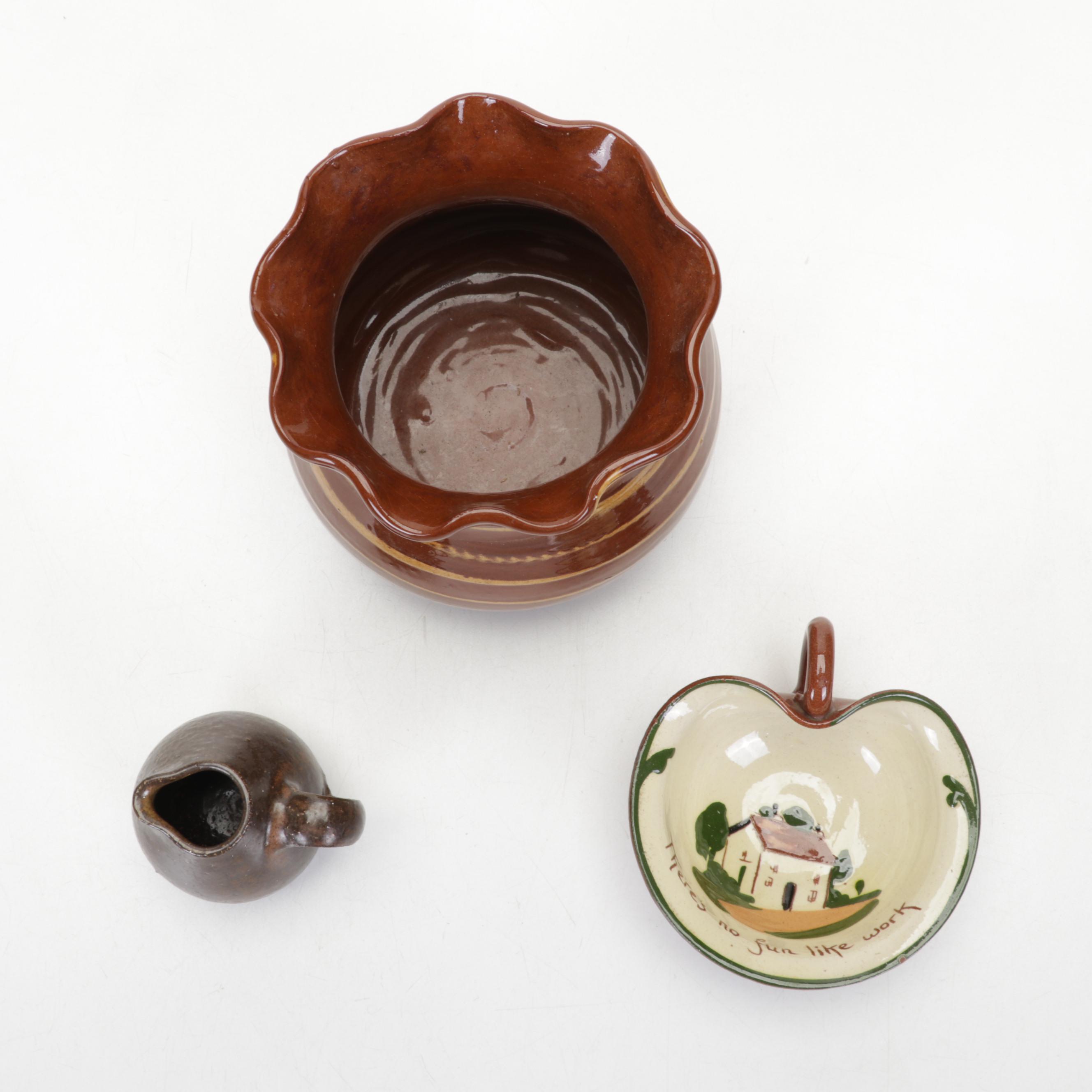 Torquay Pottery Mottoware Dishes With Betty Talbott Butter Dish and Redware