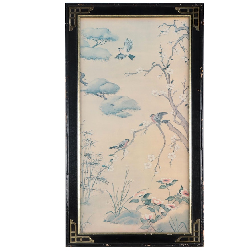 East Asian Offset Lithograph of Birds and Flowers