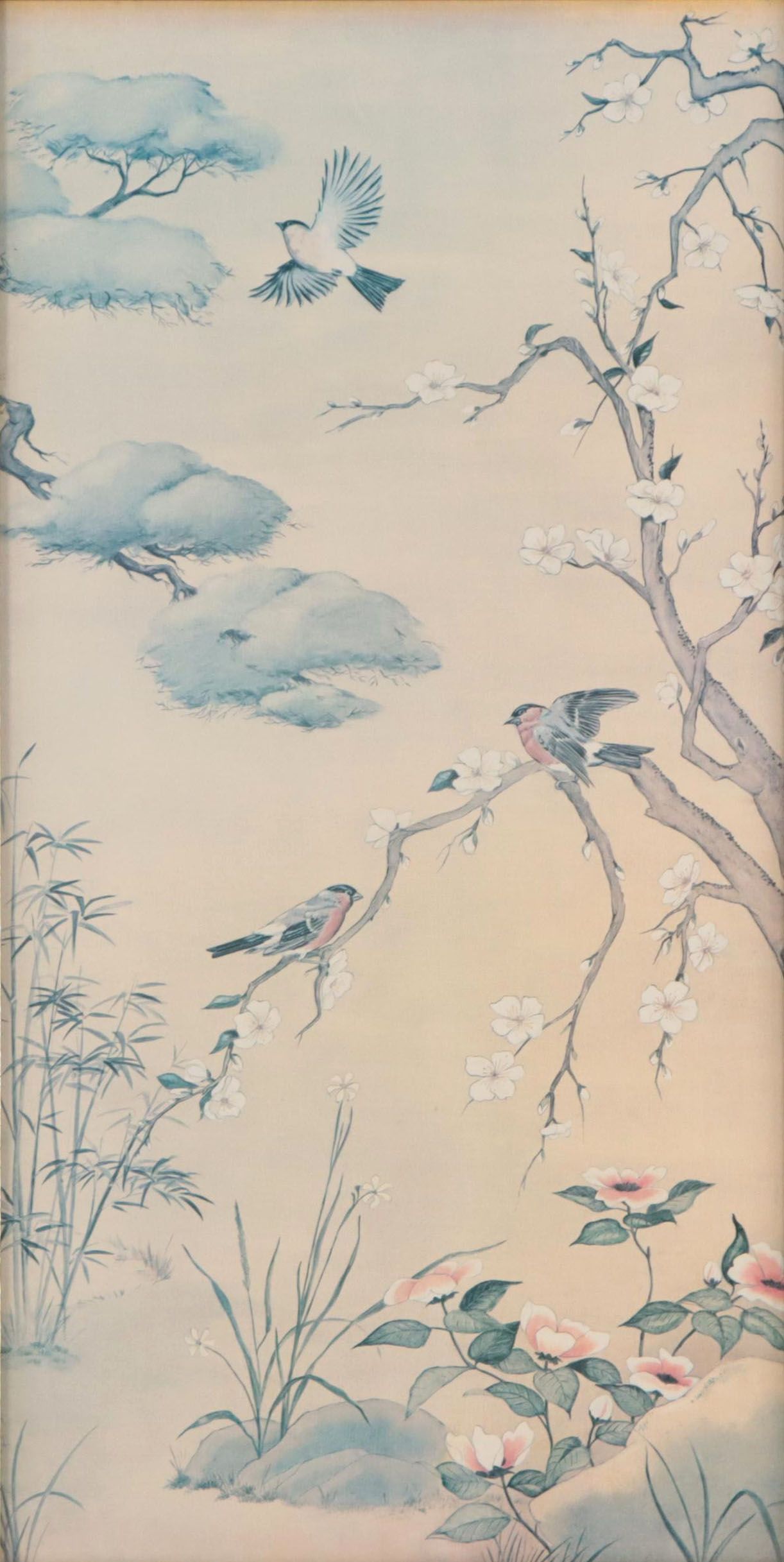 East Asian Offset Lithograph of Birds and Flowers