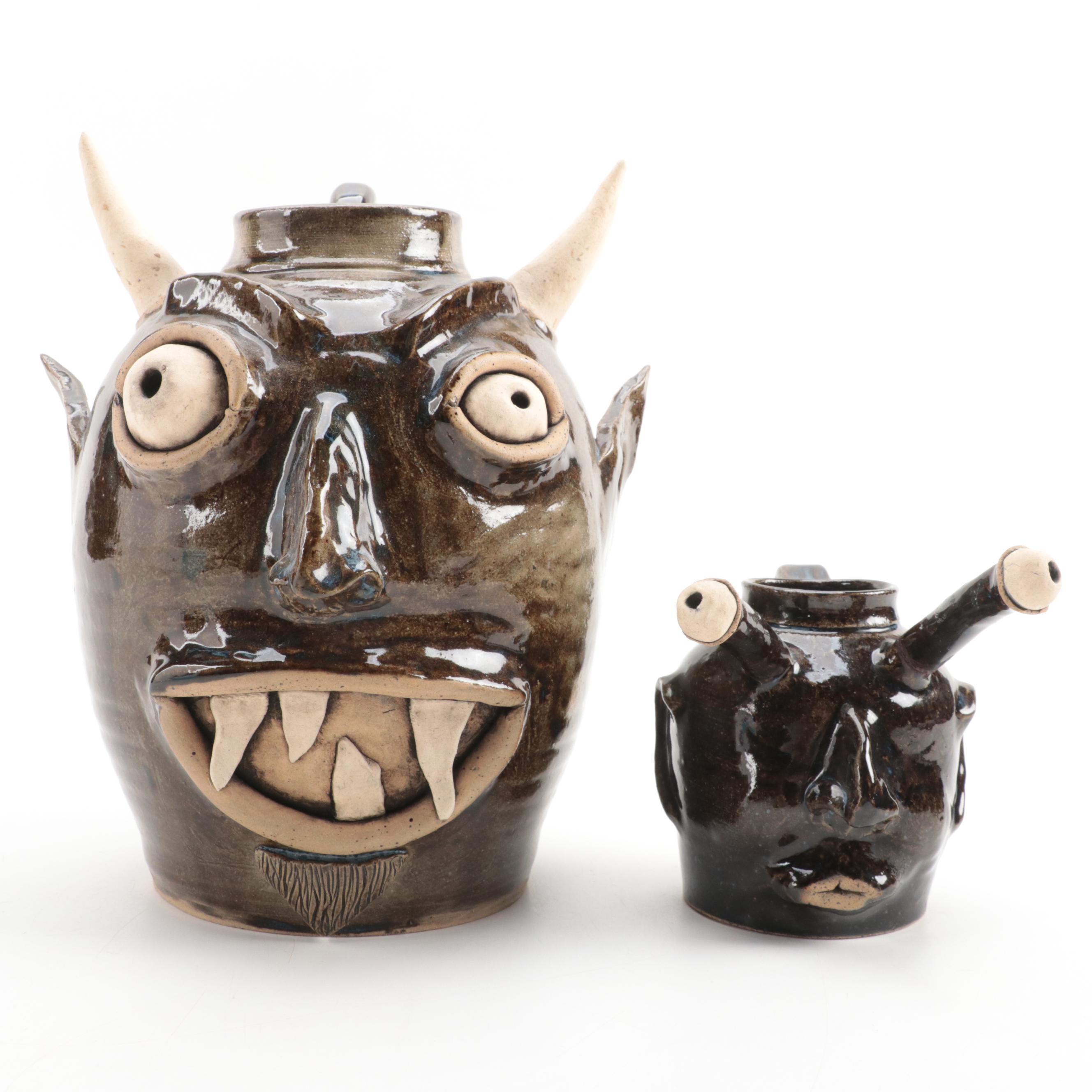 Artist Signed Stoneware Face Jugs, 1990s