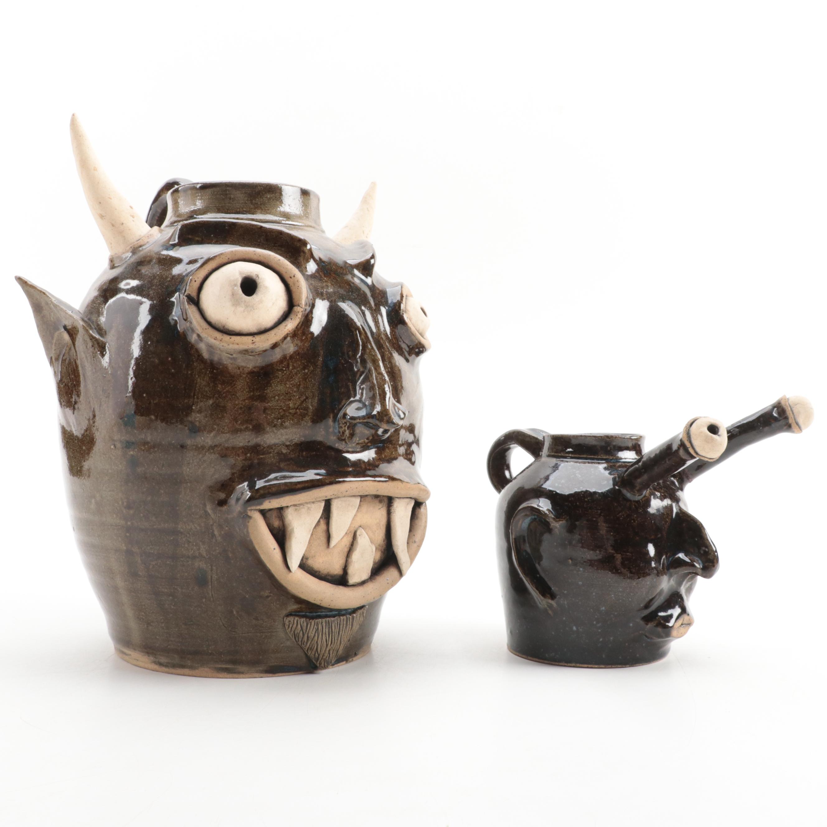 Artist Signed Stoneware Face Jugs, 1990s