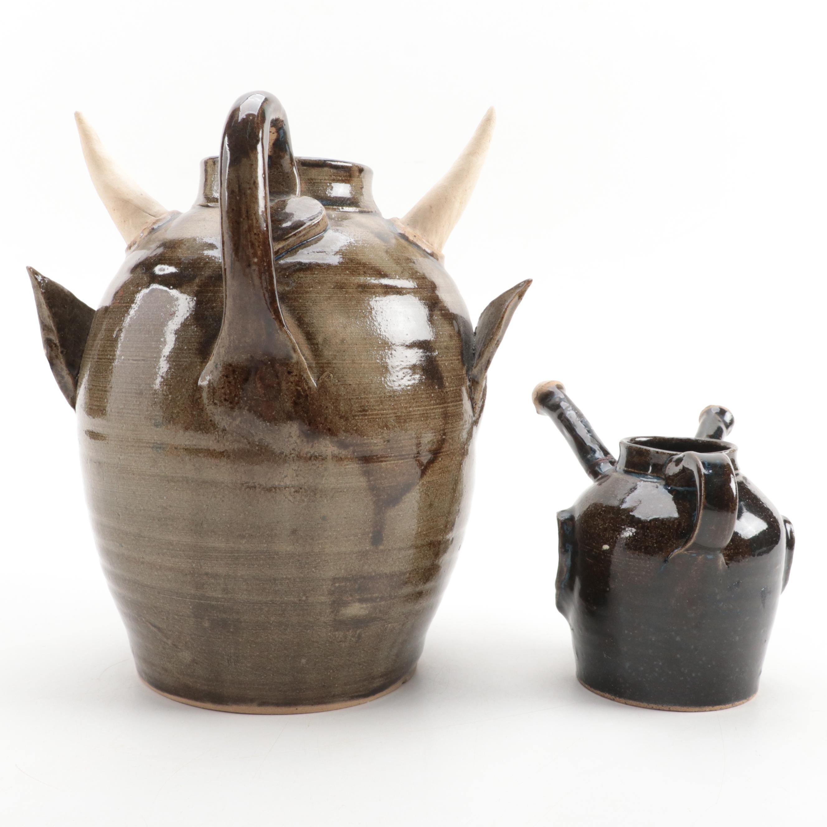 Artist Signed Stoneware Face Jugs, 1990s