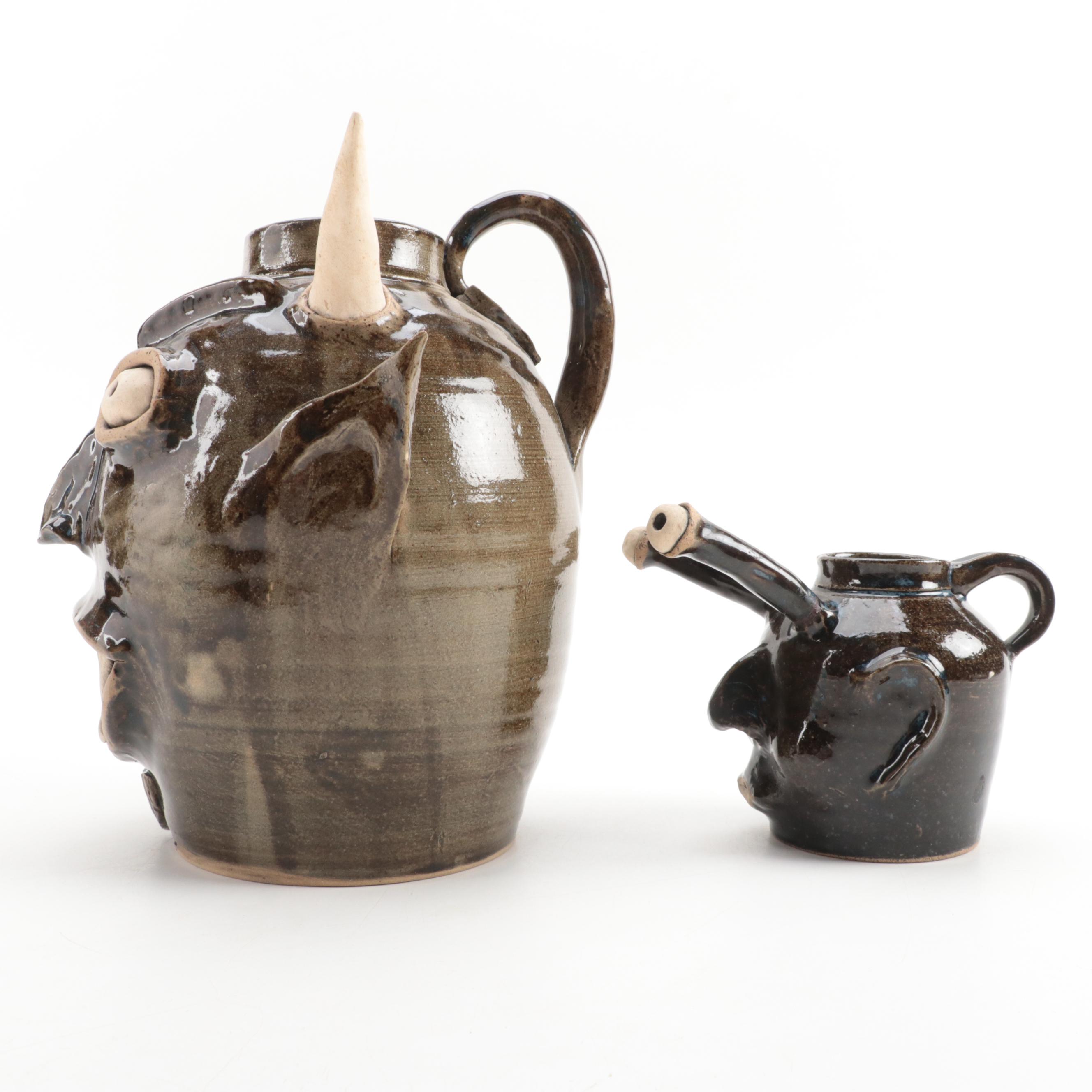 Artist Signed Stoneware Face Jugs, 1990s