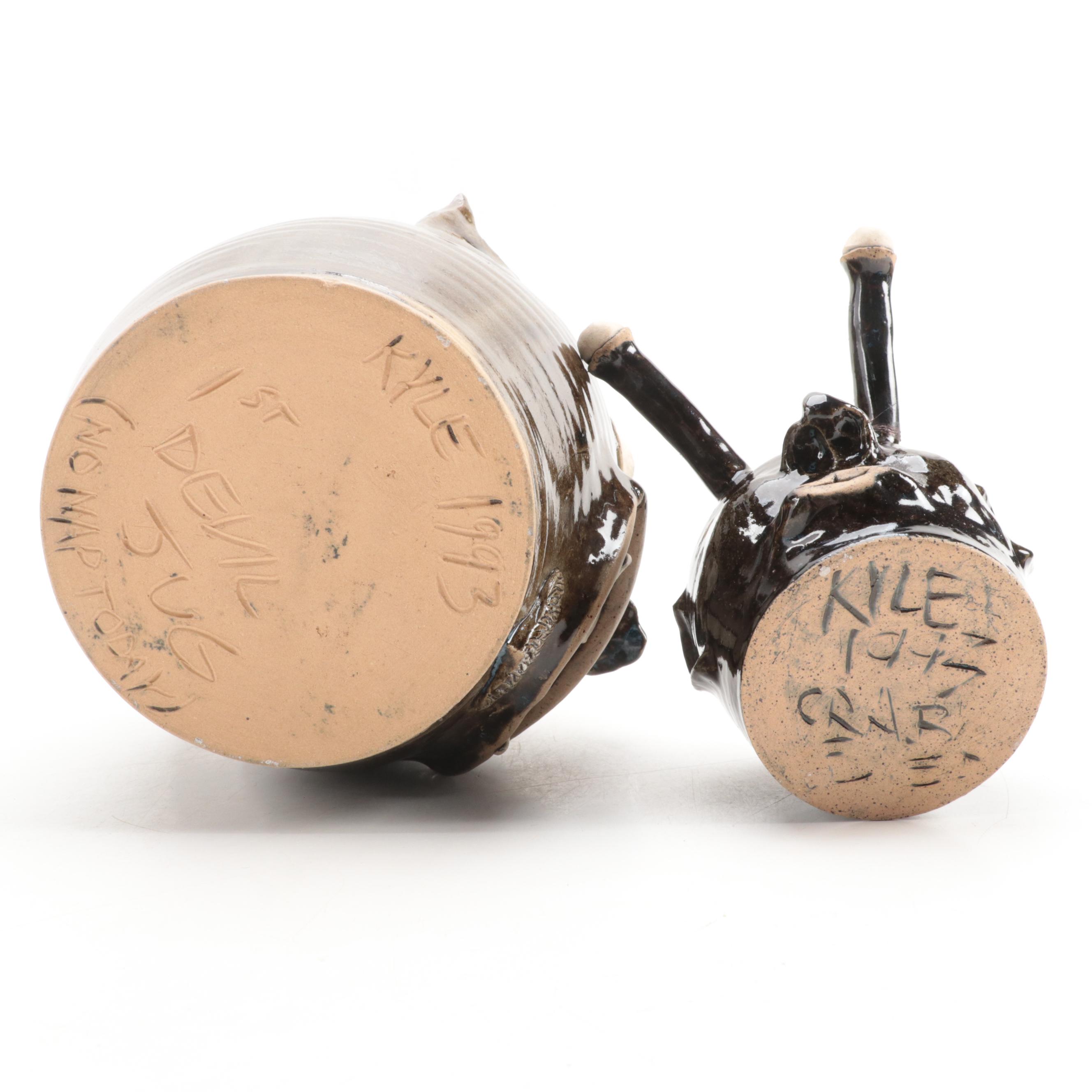 Artist Signed Stoneware Face Jugs, 1990s