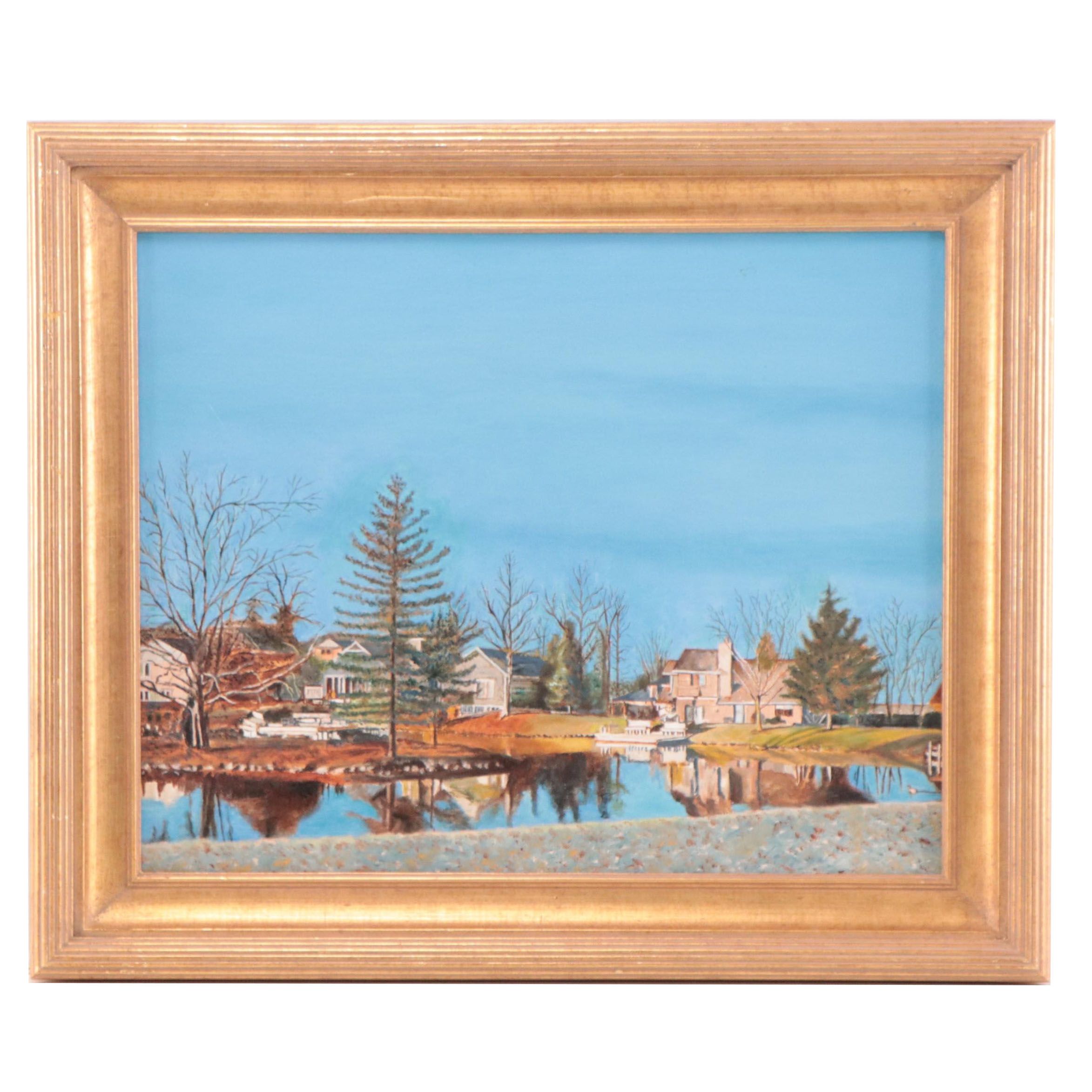 Acrylic Painting of Suburban Neighborhood in Winter, Late 20th Century