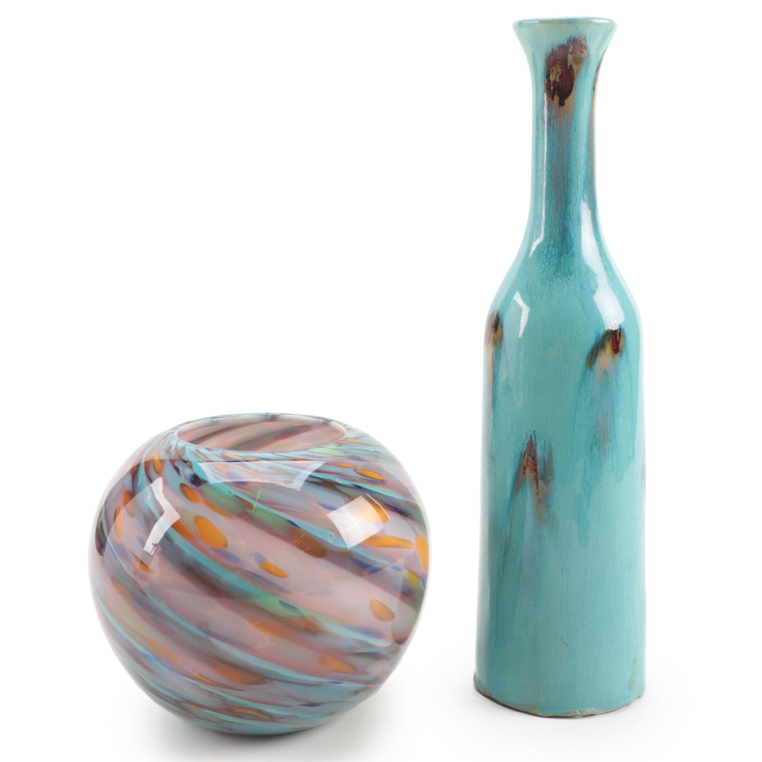 Blown Art Glass Rose Bowl with Art Pottery Bottle Vase