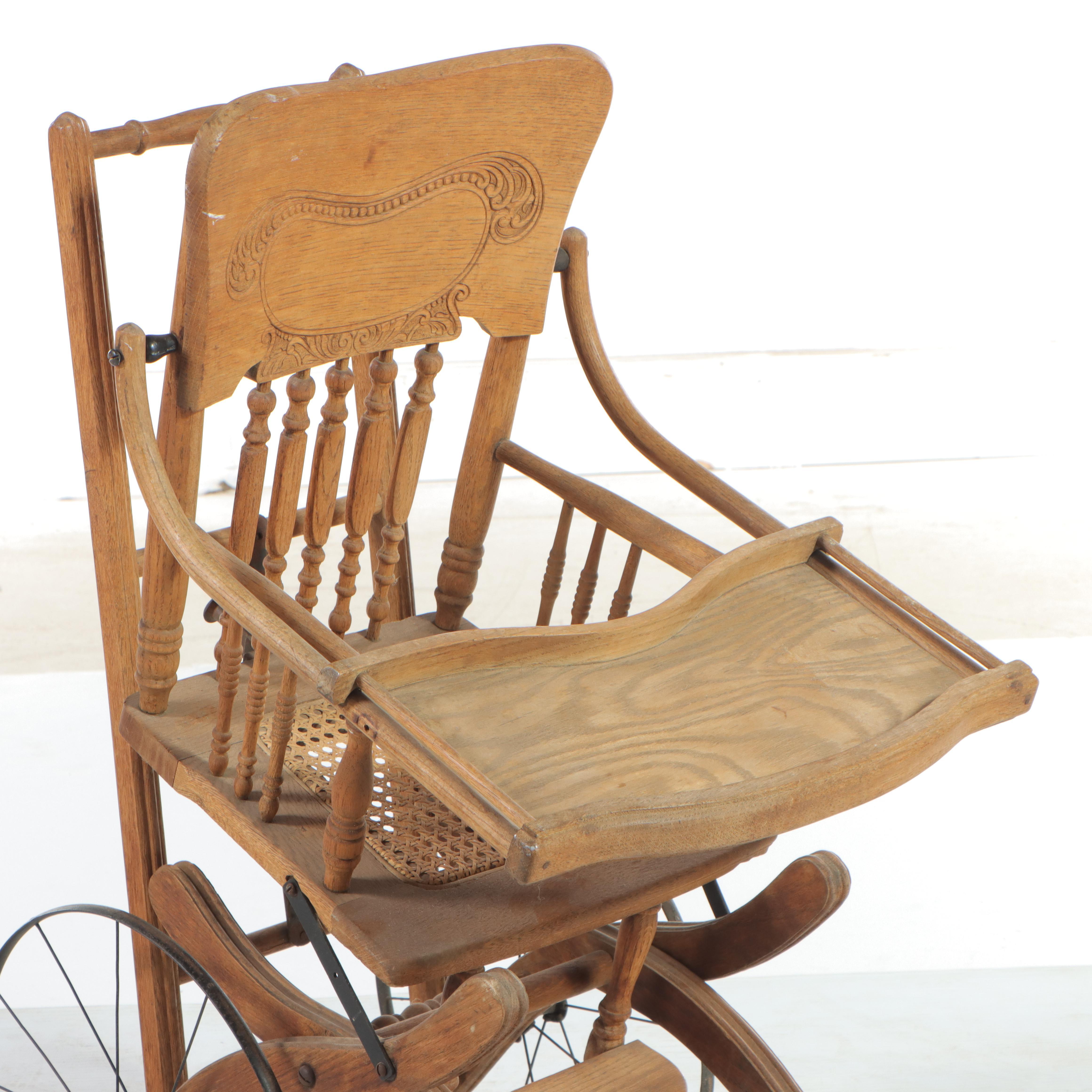 Late Victorian Oak Convertible High Chair/Stroller