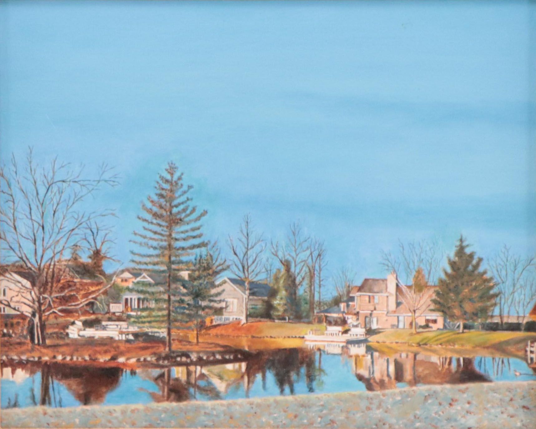 Acrylic Painting of Suburban Neighborhood in Winter, Late 20th Century