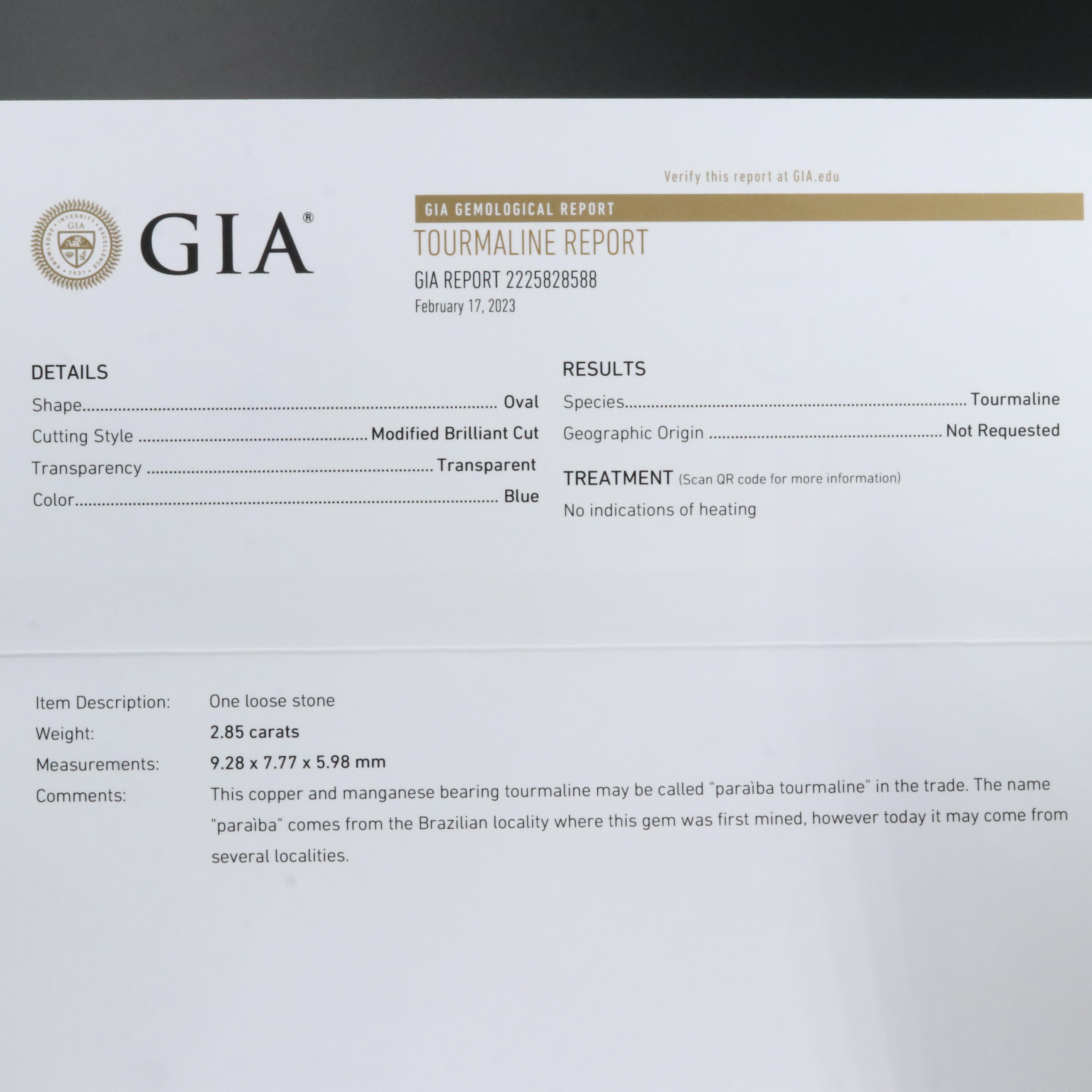 14K 2.85 CT Paraíba Tourmaline and Diamond Ring with GIA Report