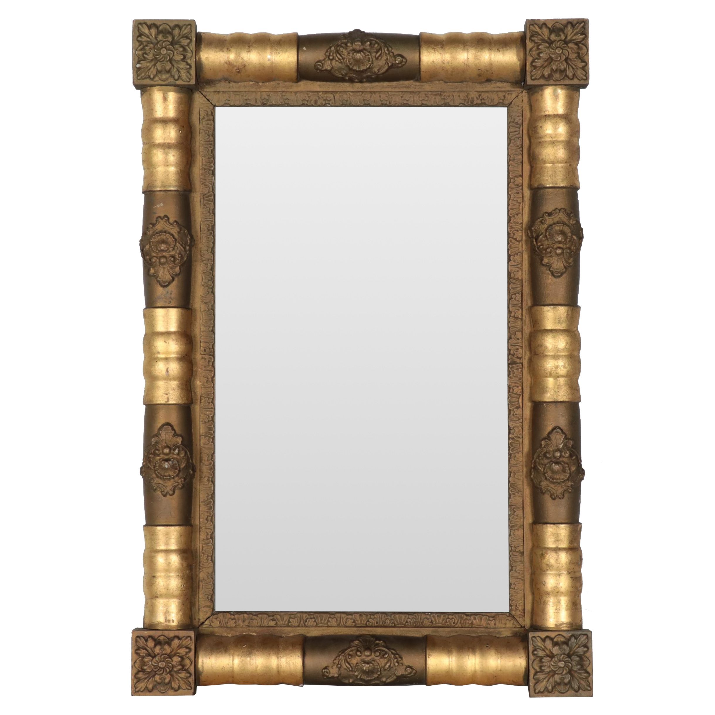 American Empire Giltwood Mirror with Corner Block and Raised Gesso Decoration