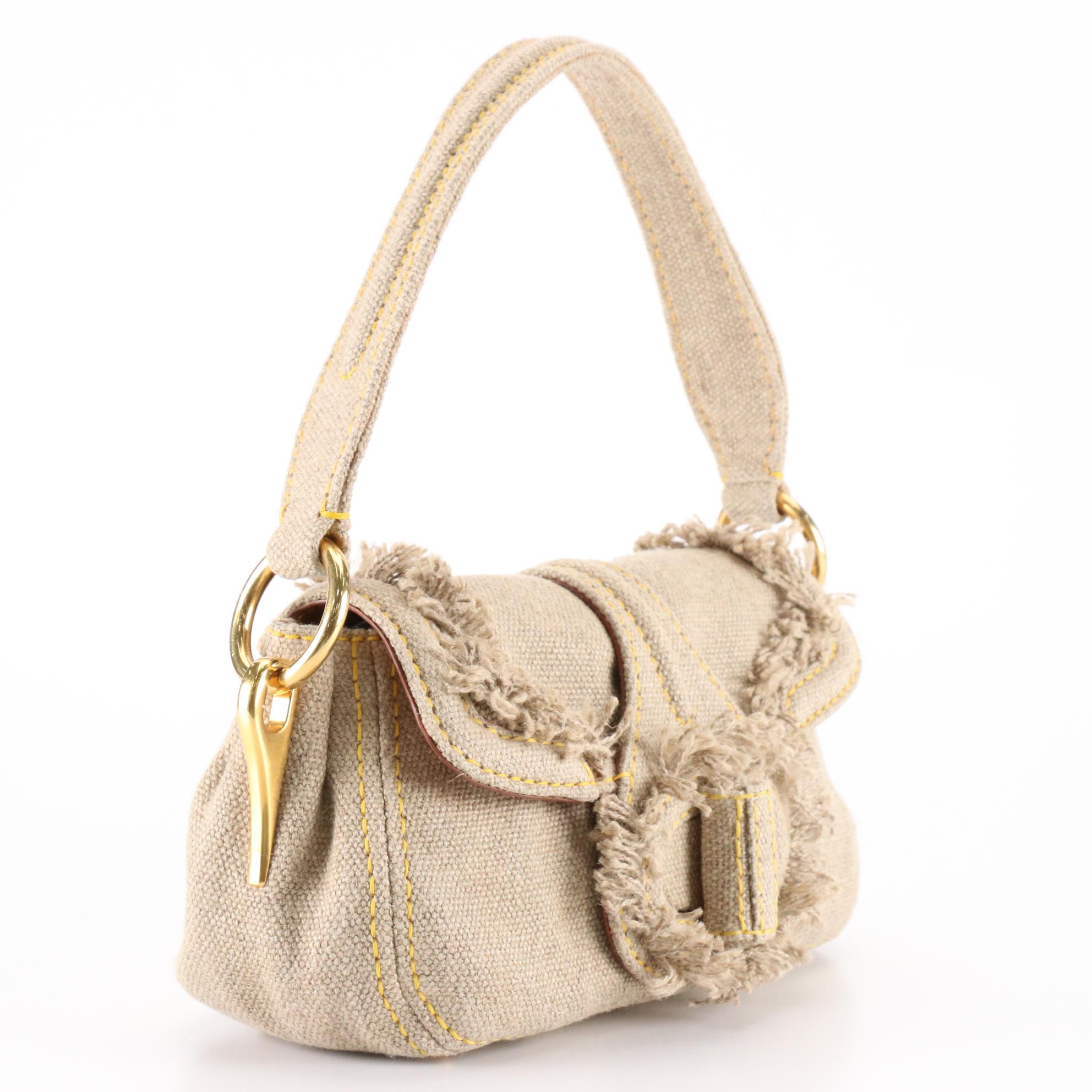 Prada Medium Flap Shoulder Bag in Fringed Linen Canvas