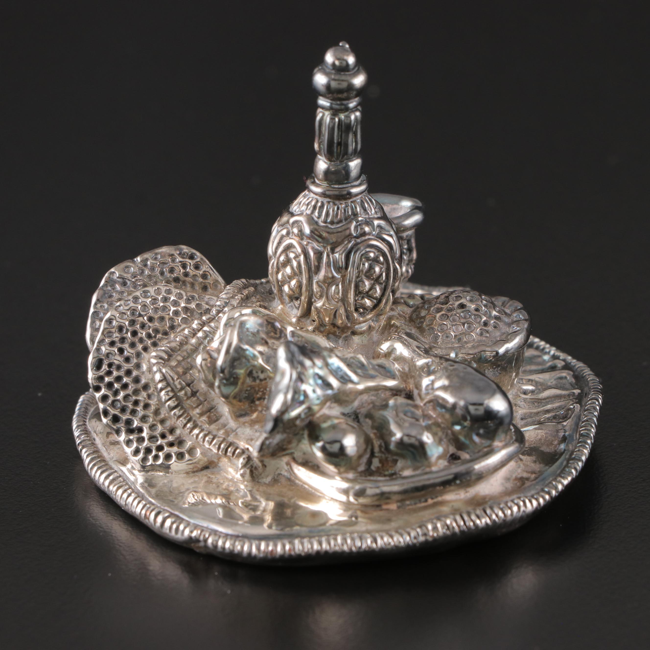 Electroform Sterling Silver Suhkkah, Seder Plate and Wine Bottle Figurines