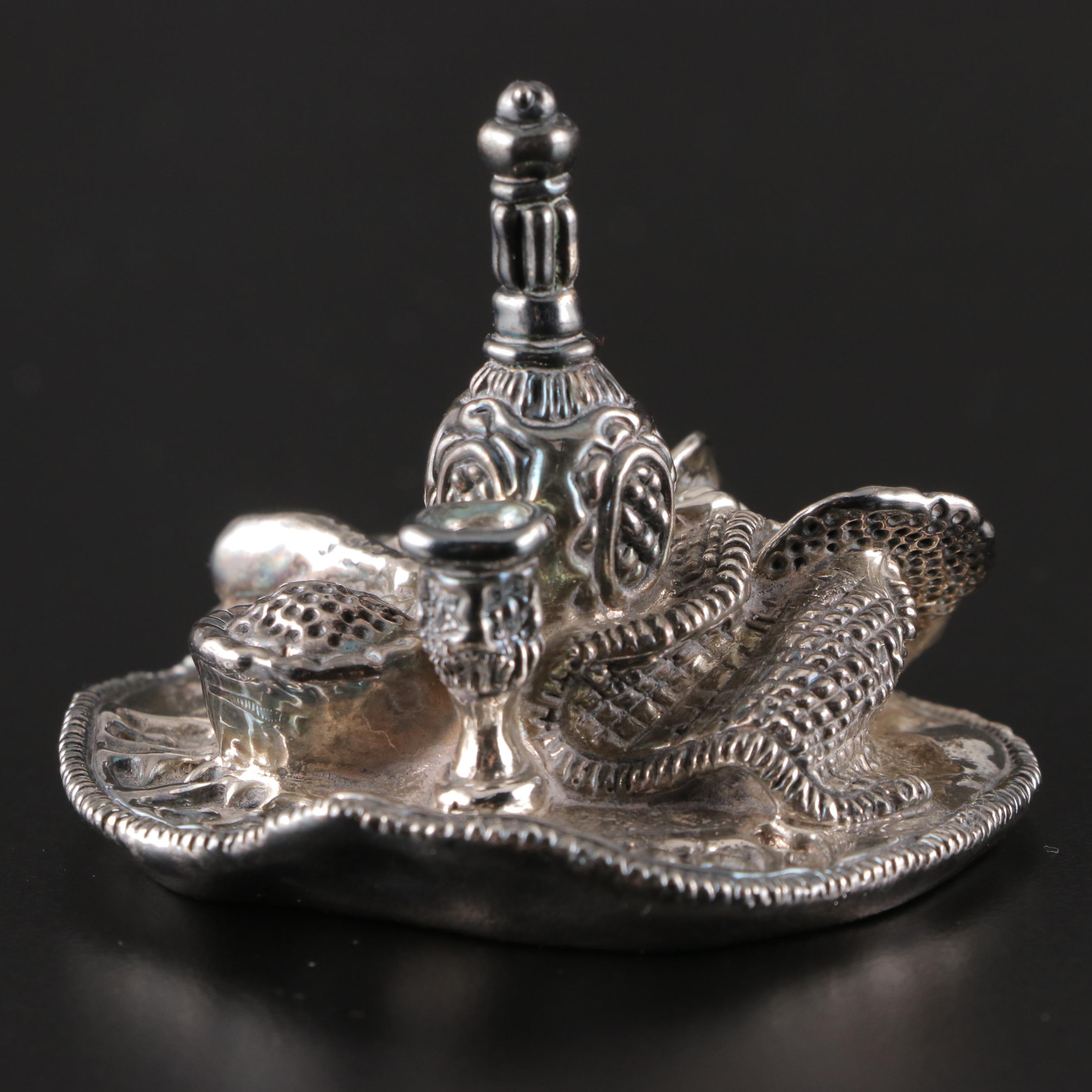 Electroform Sterling Silver Suhkkah, Seder Plate and Wine Bottle Figurines