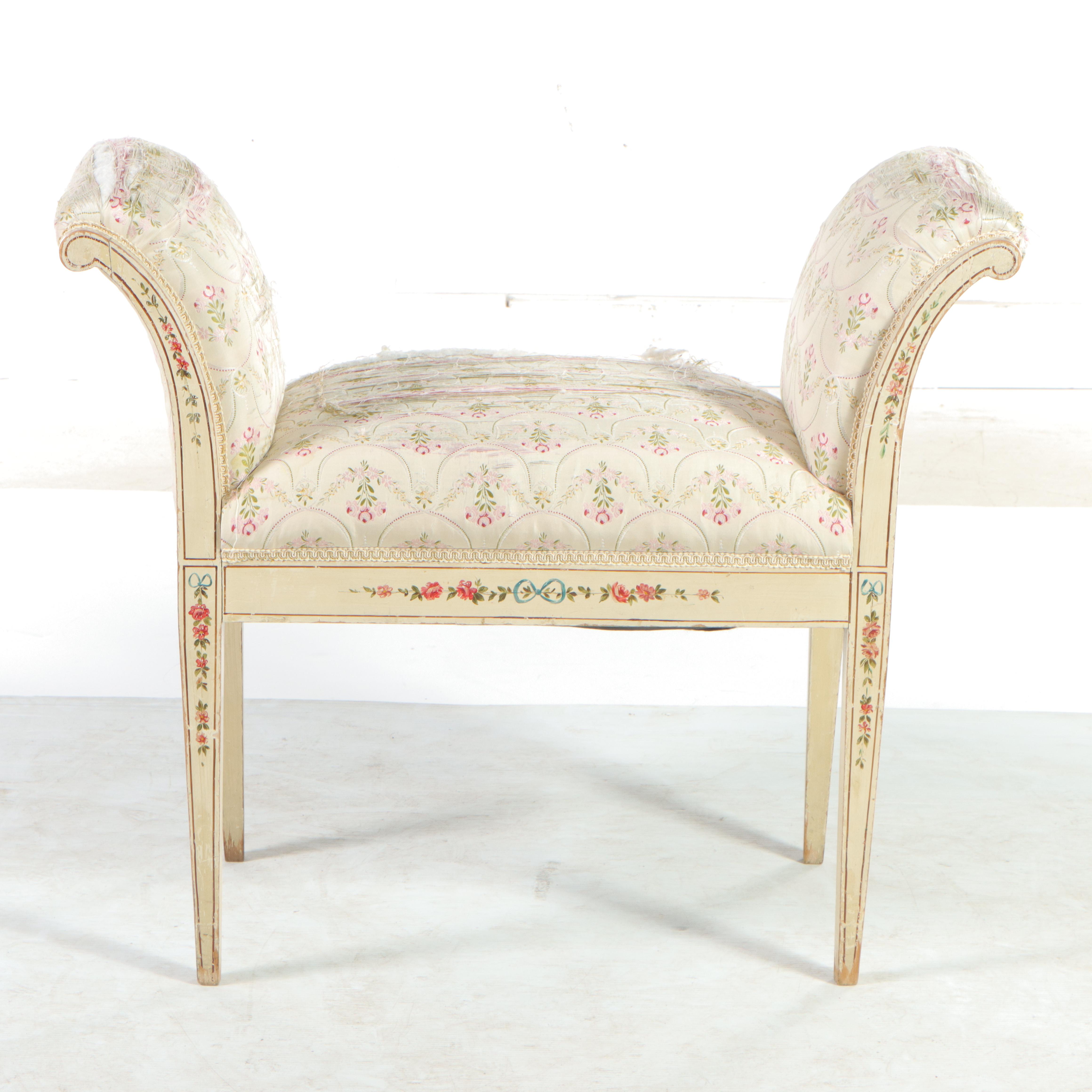Cream-Painted and Paint-Decorated Upholstered Vanity Bench, Early to Mid 20th C