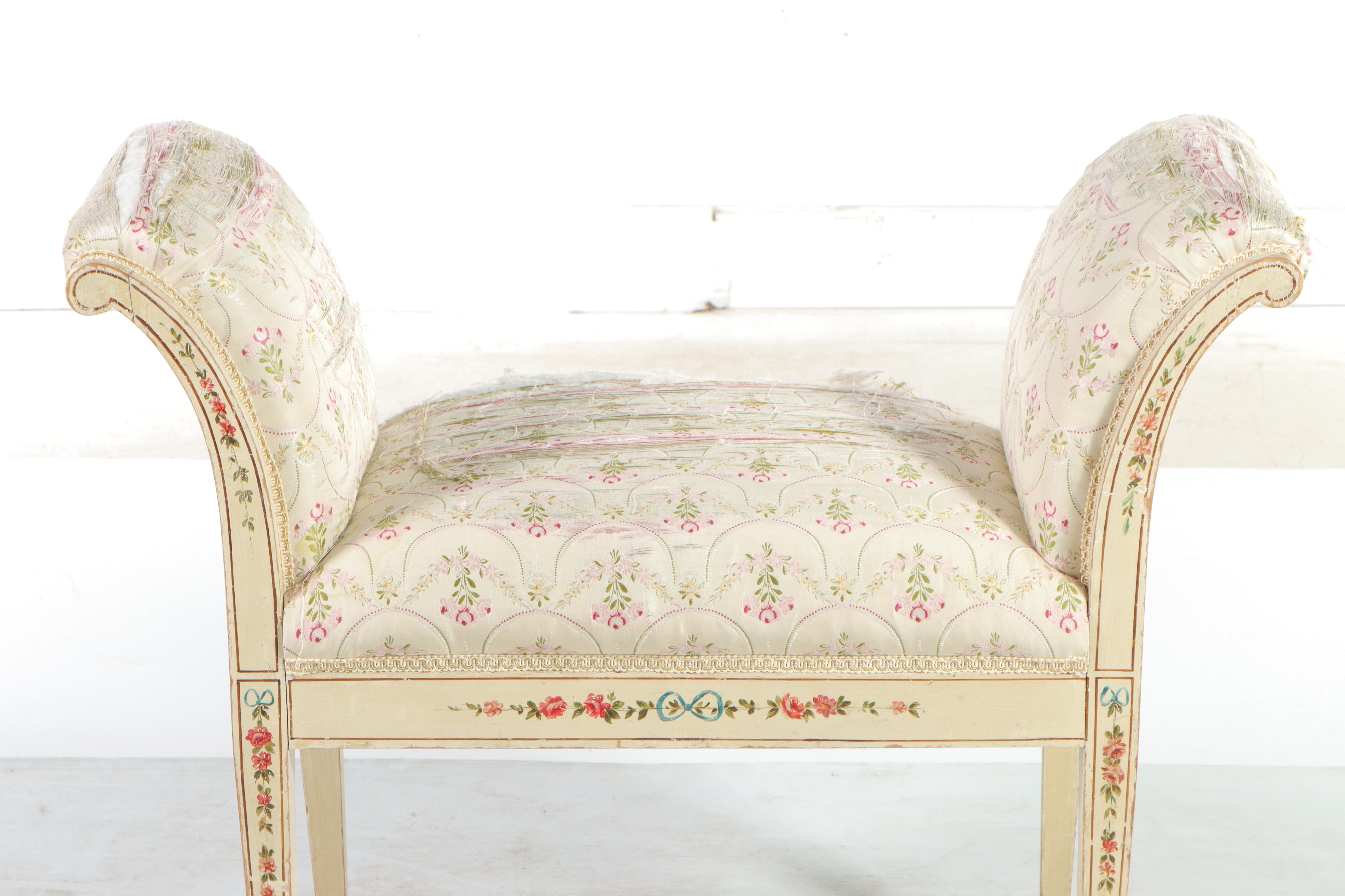Cream-Painted and Paint-Decorated Upholstered Vanity Bench, Early to Mid 20th C
