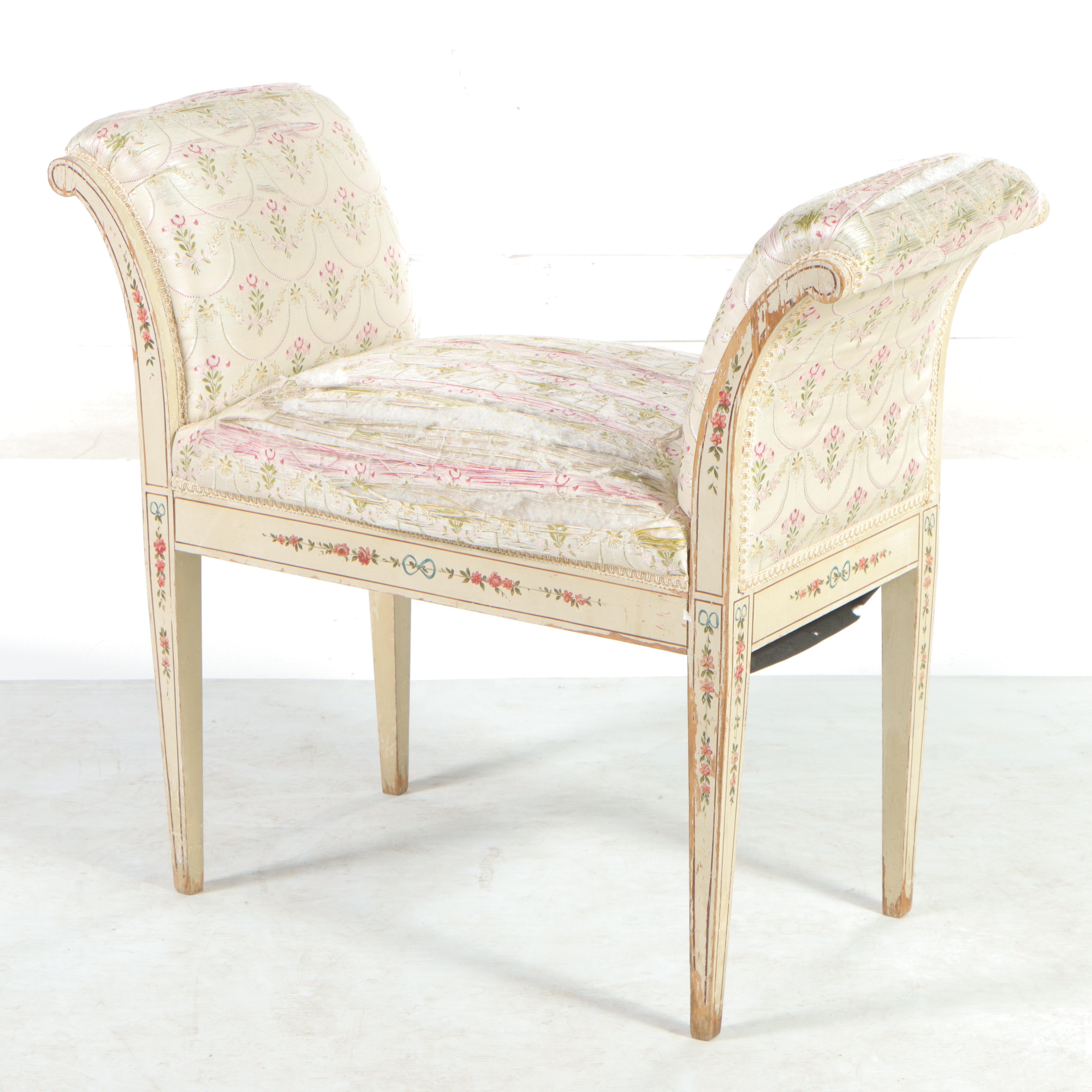 Cream-Painted and Paint-Decorated Upholstered Vanity Bench, Early to Mid 20th C
