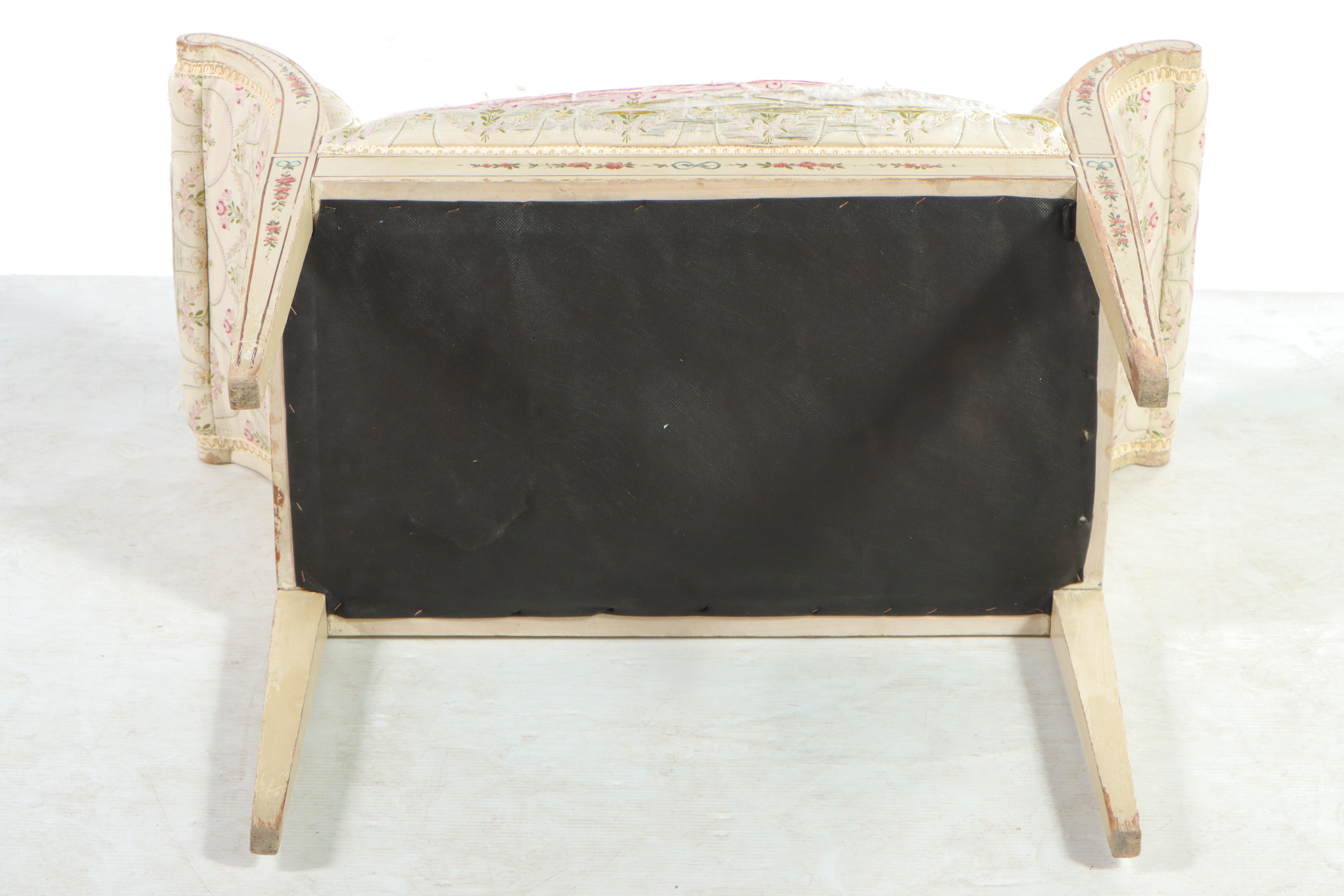 Cream-Painted and Paint-Decorated Upholstered Vanity Bench, Early to Mid 20th C