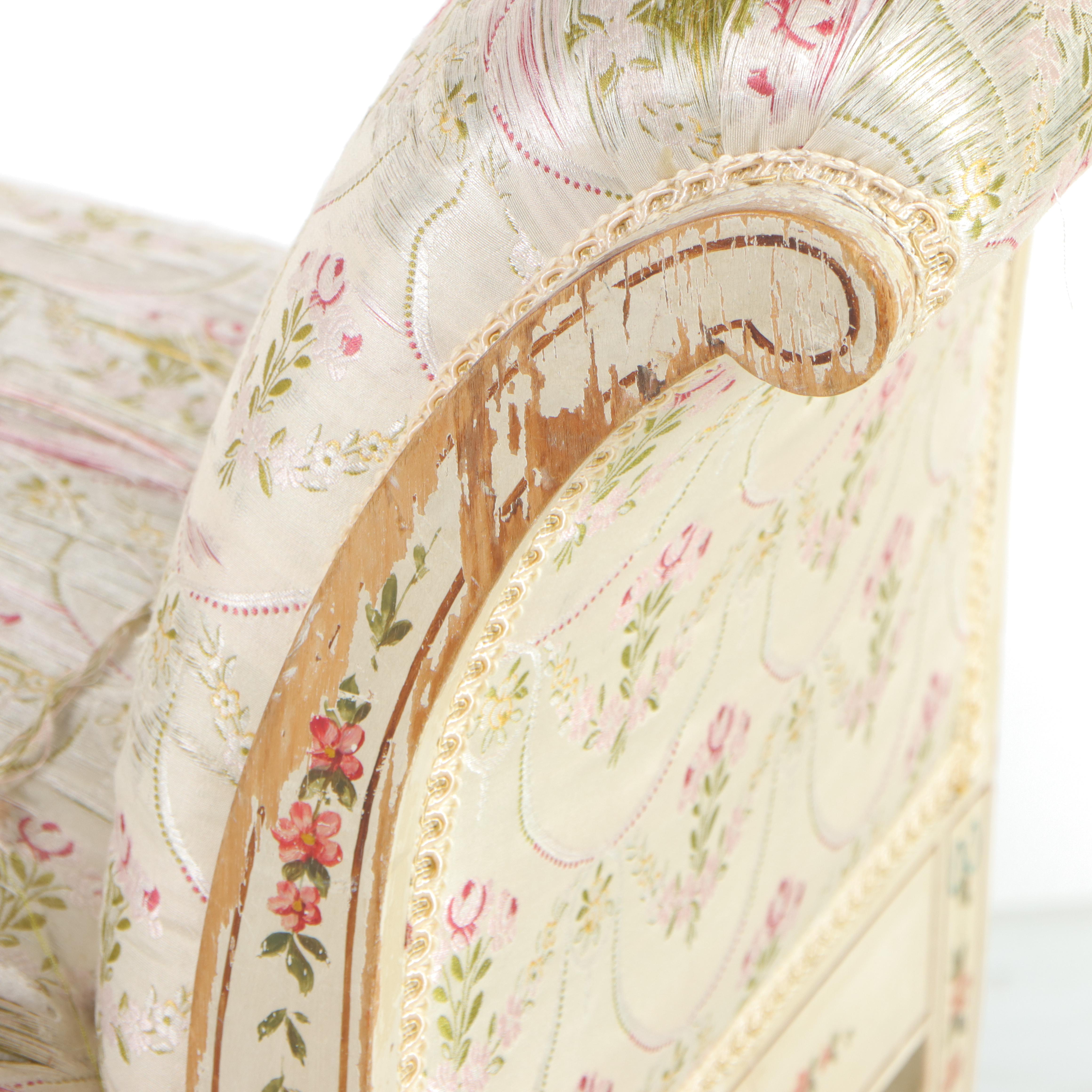 Cream-Painted and Paint-Decorated Upholstered Vanity Bench, Early to Mid 20th C