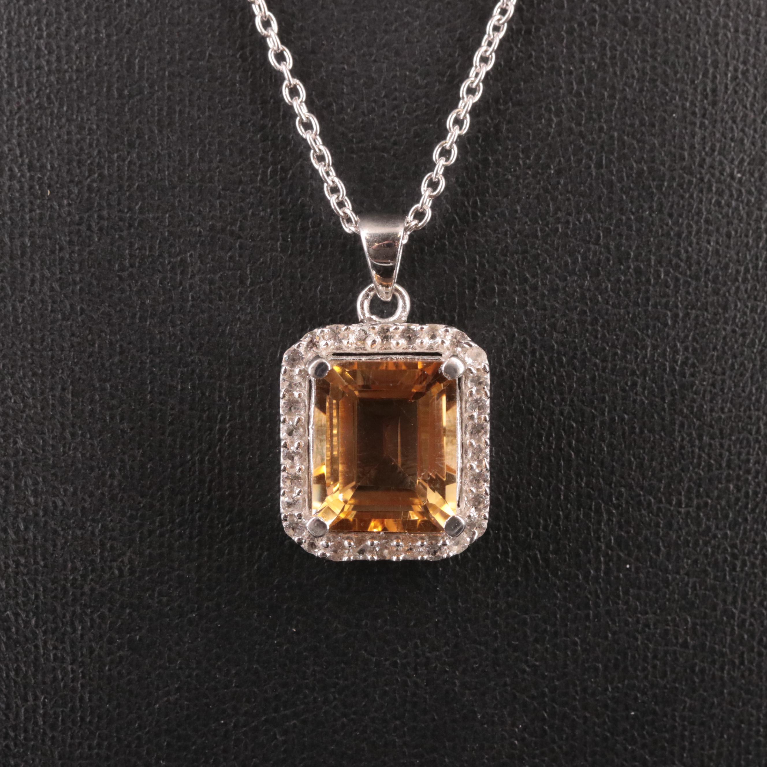 Sterling Citrine and White Topaz Halo Pendant Necklace