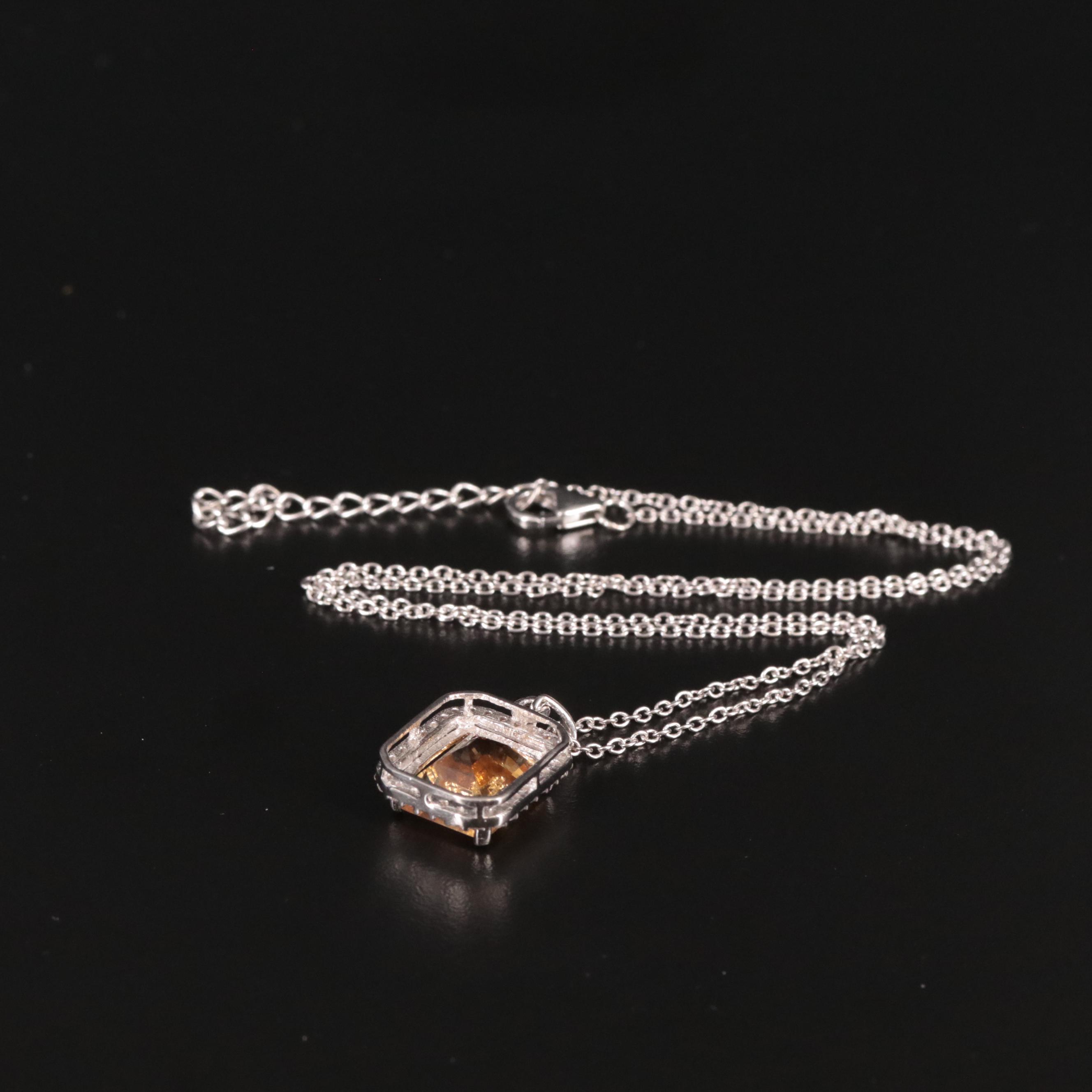 Sterling Citrine and White Topaz Halo Pendant Necklace