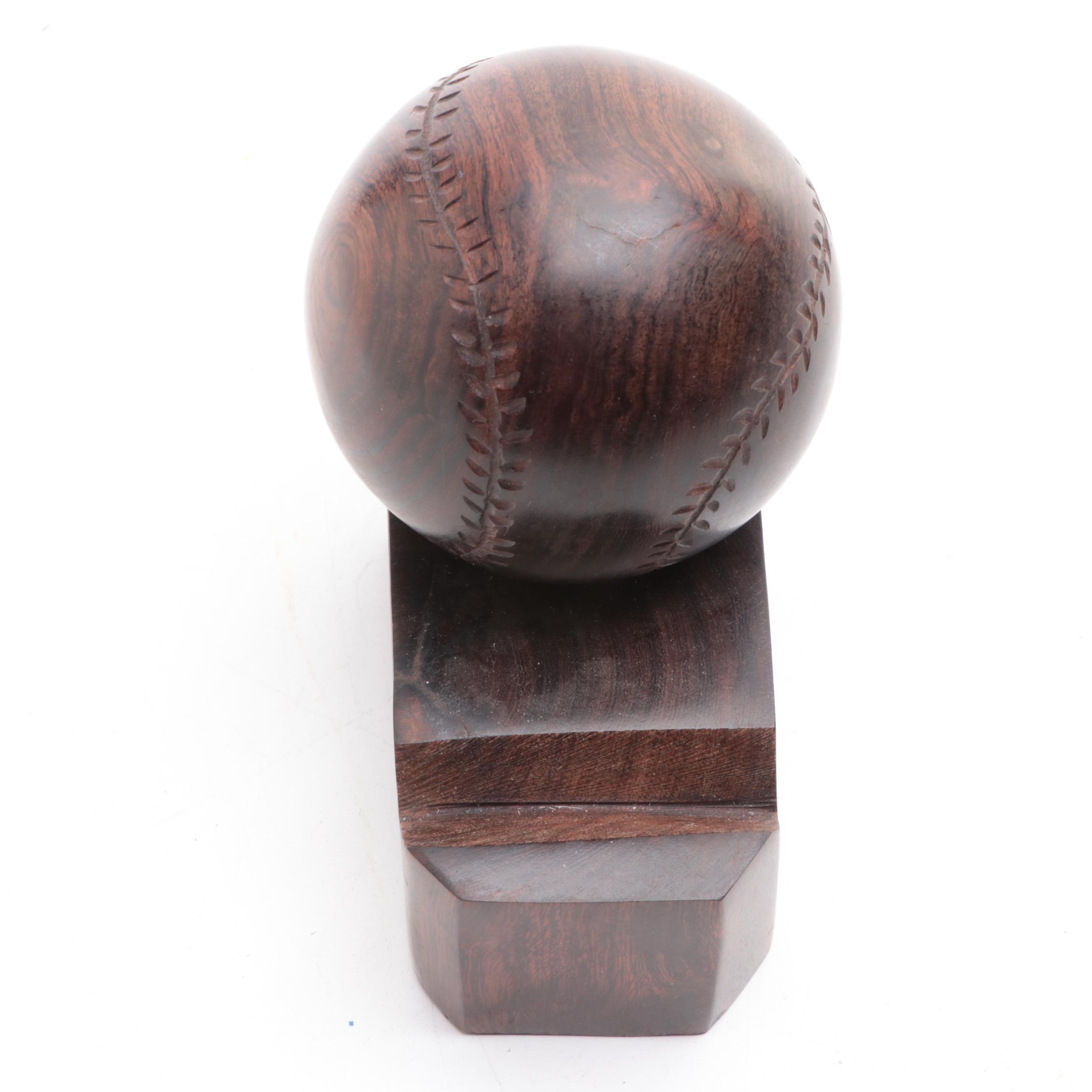 Hand-Carved Wooden Baseball and Pen Holder Stand