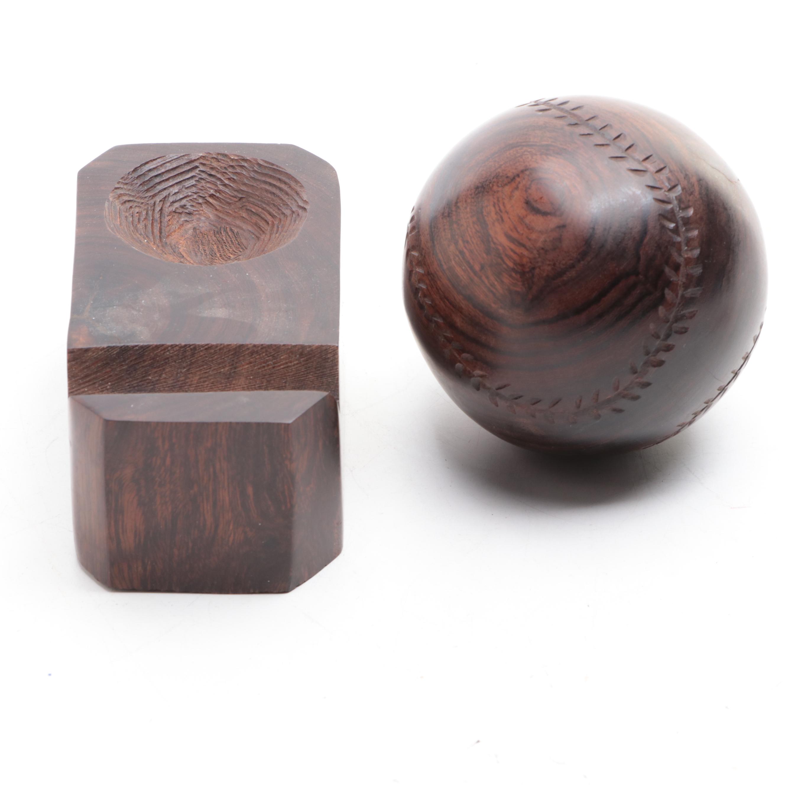 Hand-Carved Wooden Baseball and Pen Holder Stand