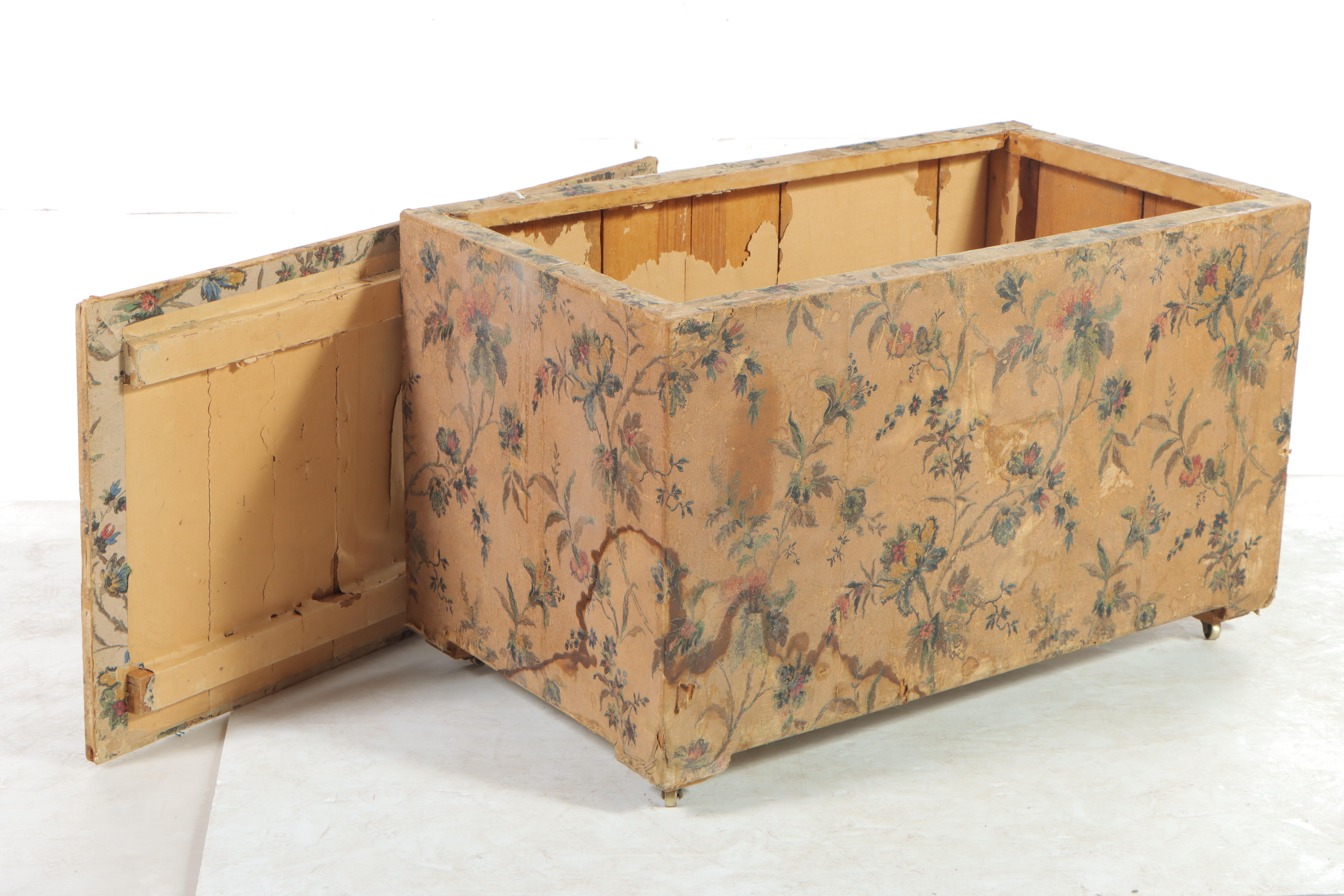 Floral Wallpaper Covered Slatted Wood Trunk, 20th Century