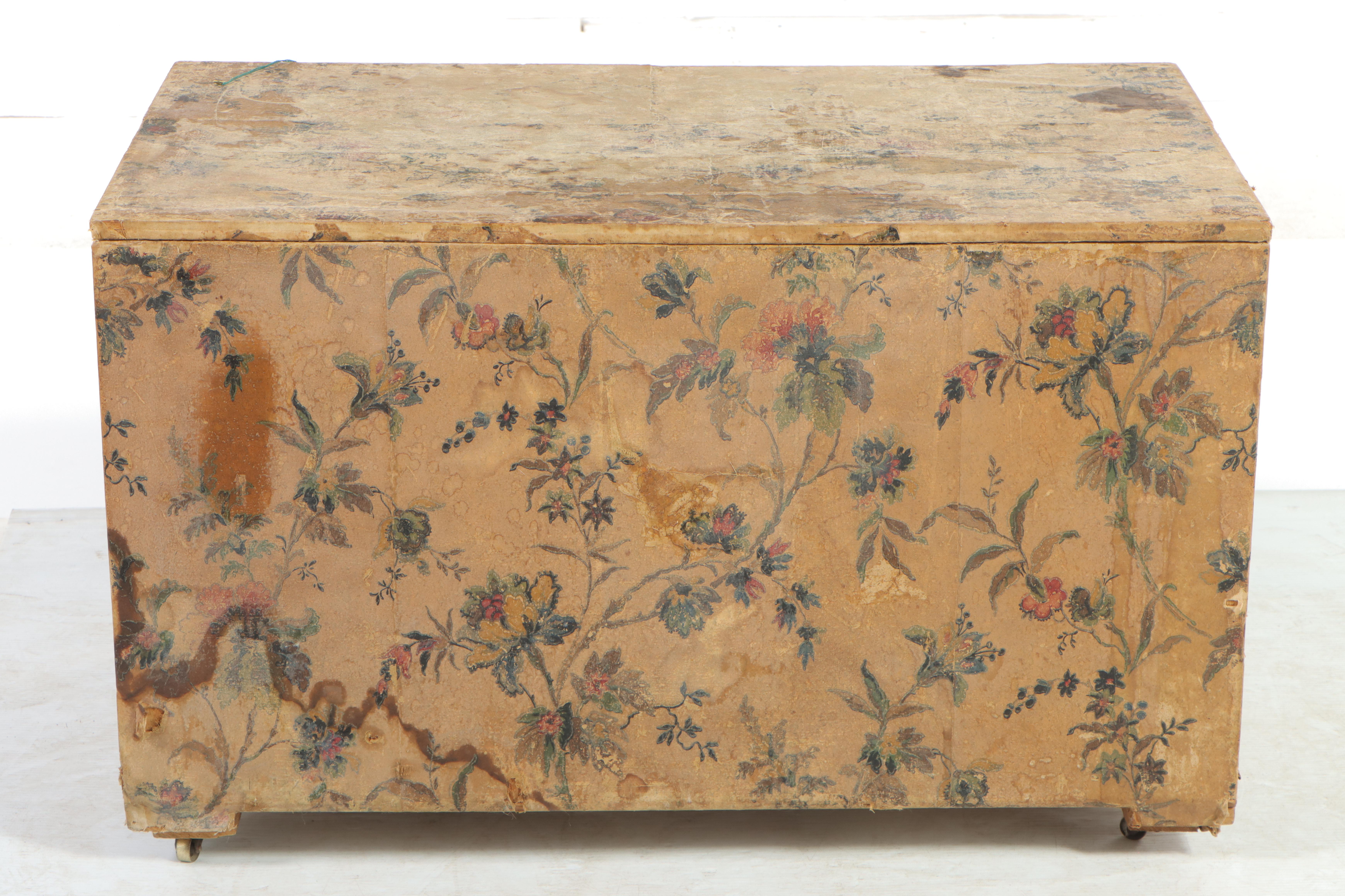 Floral Wallpaper Covered Slatted Wood Trunk, 20th Century