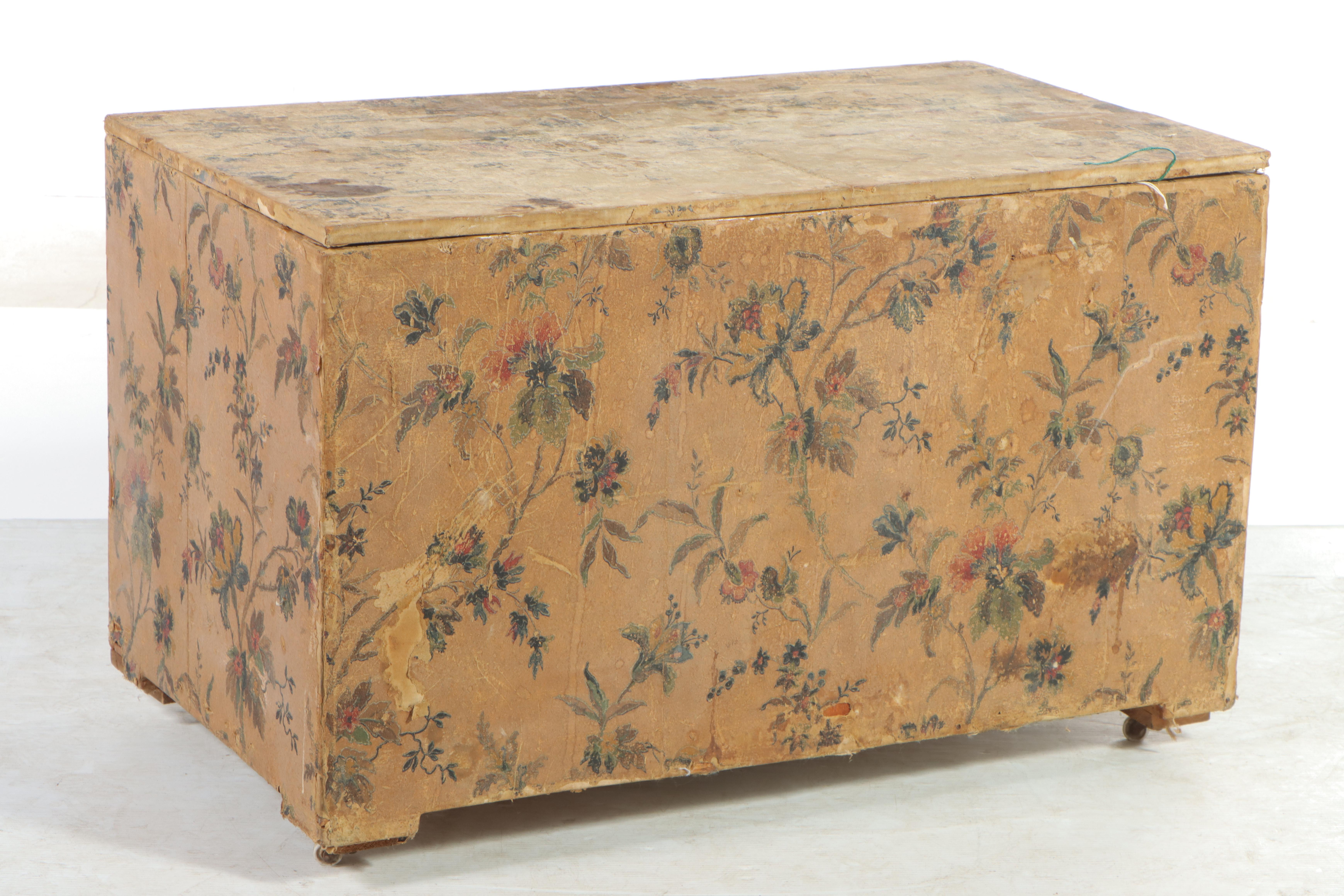 Floral Wallpaper Covered Slatted Wood Trunk, 20th Century
