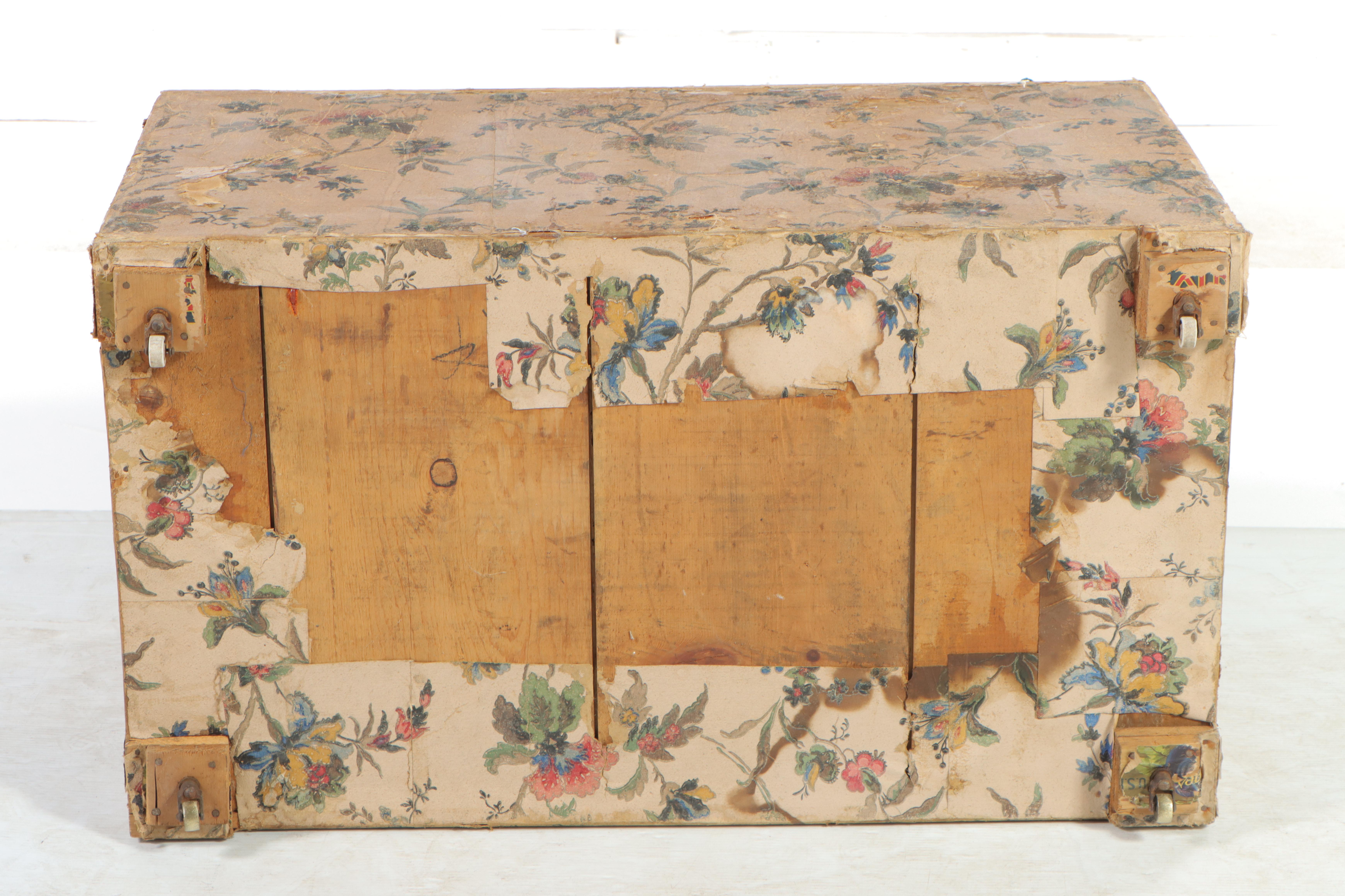 Floral Wallpaper Covered Slatted Wood Trunk, 20th Century