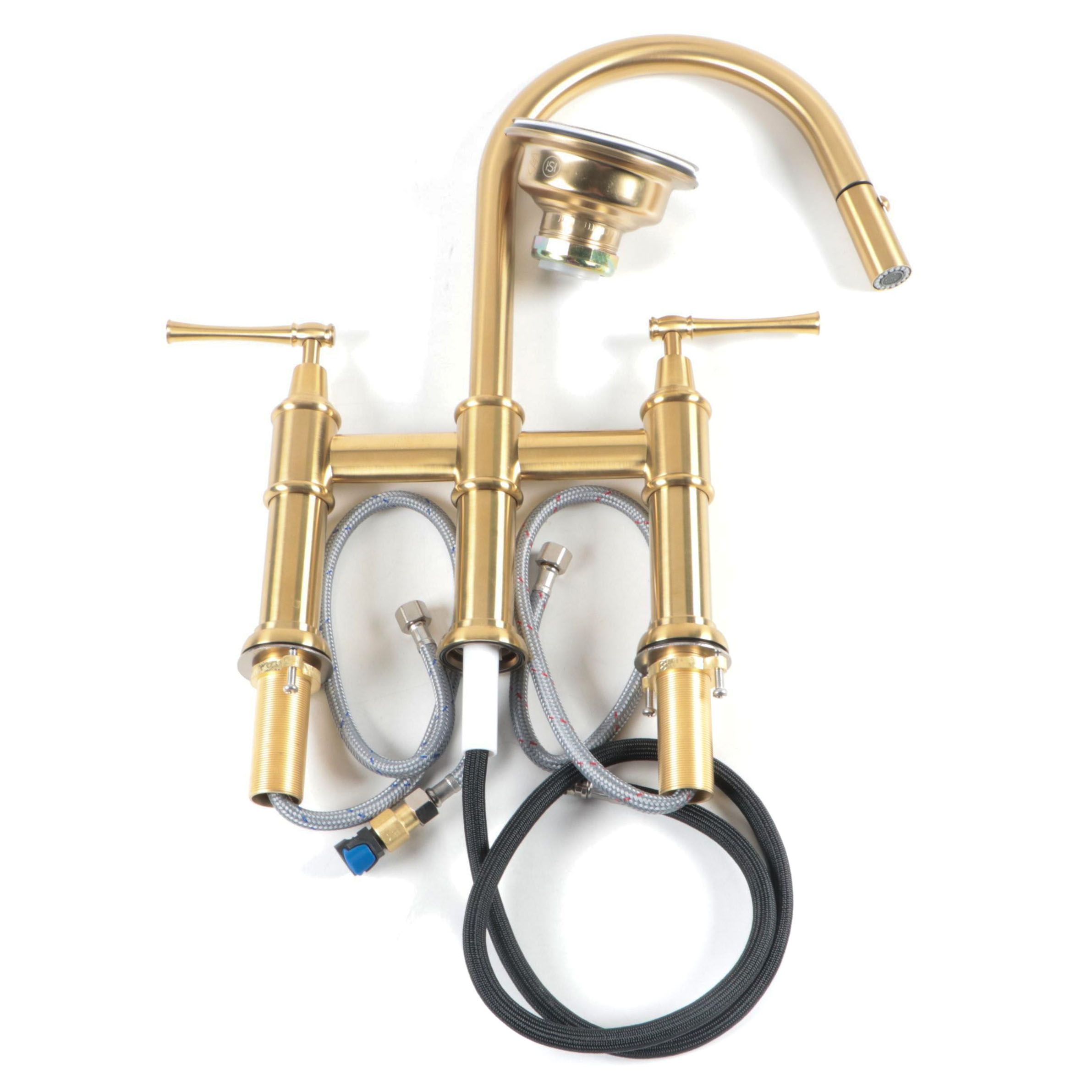 Brushed Gold Finish Pull-Down Bridge Kitchen Faucet with Basket Strainer