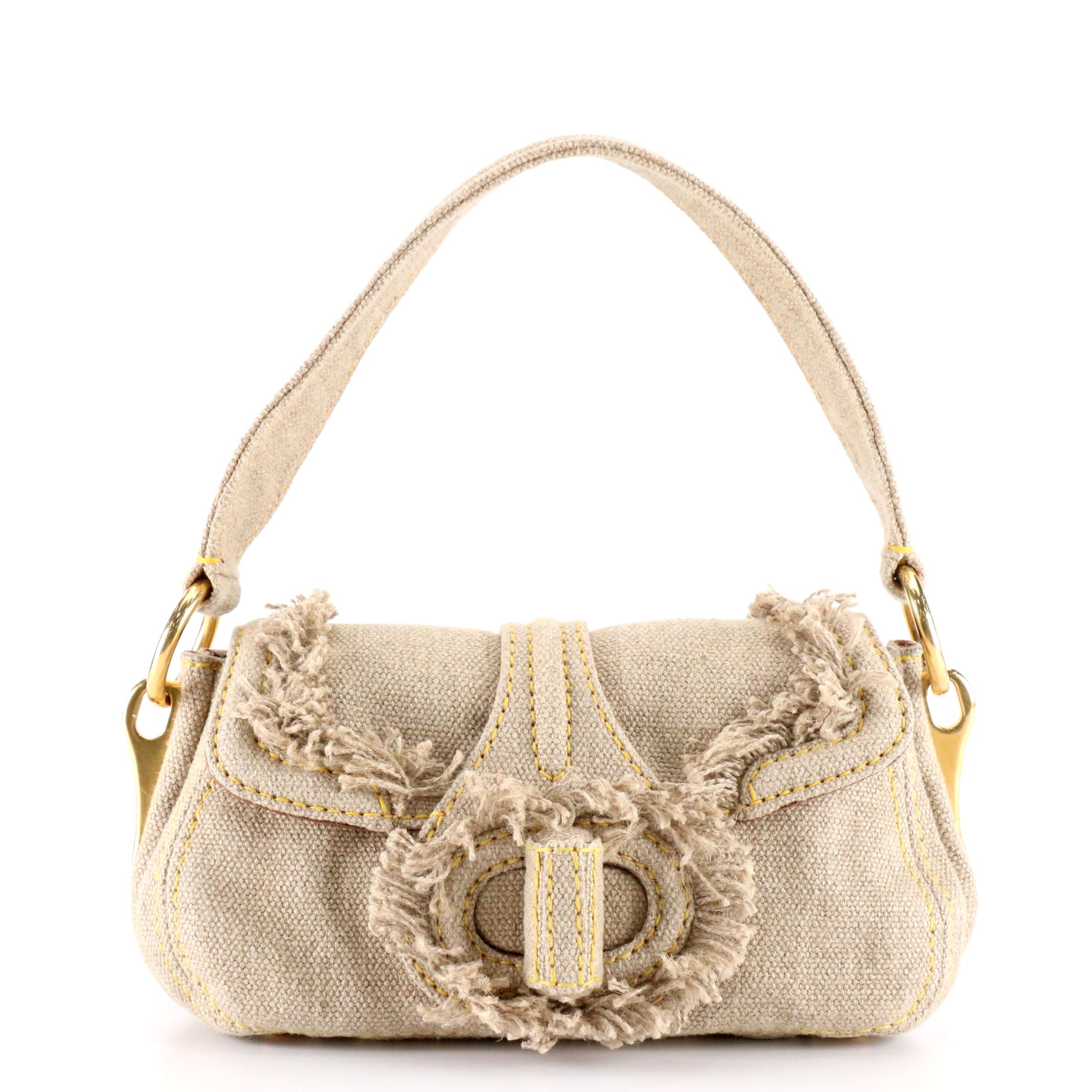 Prada Medium Flap Shoulder Bag in Fringed Linen Canvas