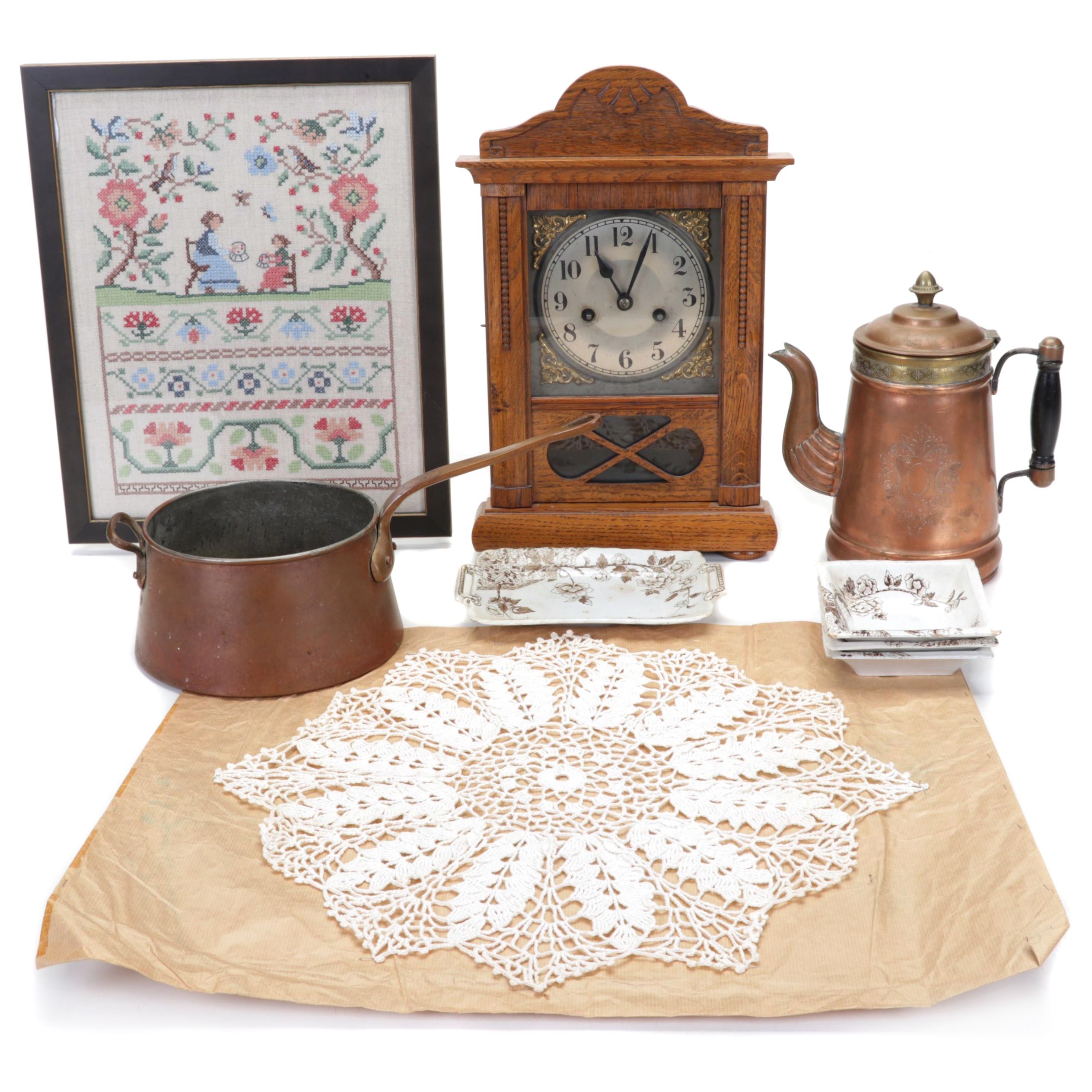 Victorian Oak Clock with English Aesthetic Movement Dishes and Other Décor