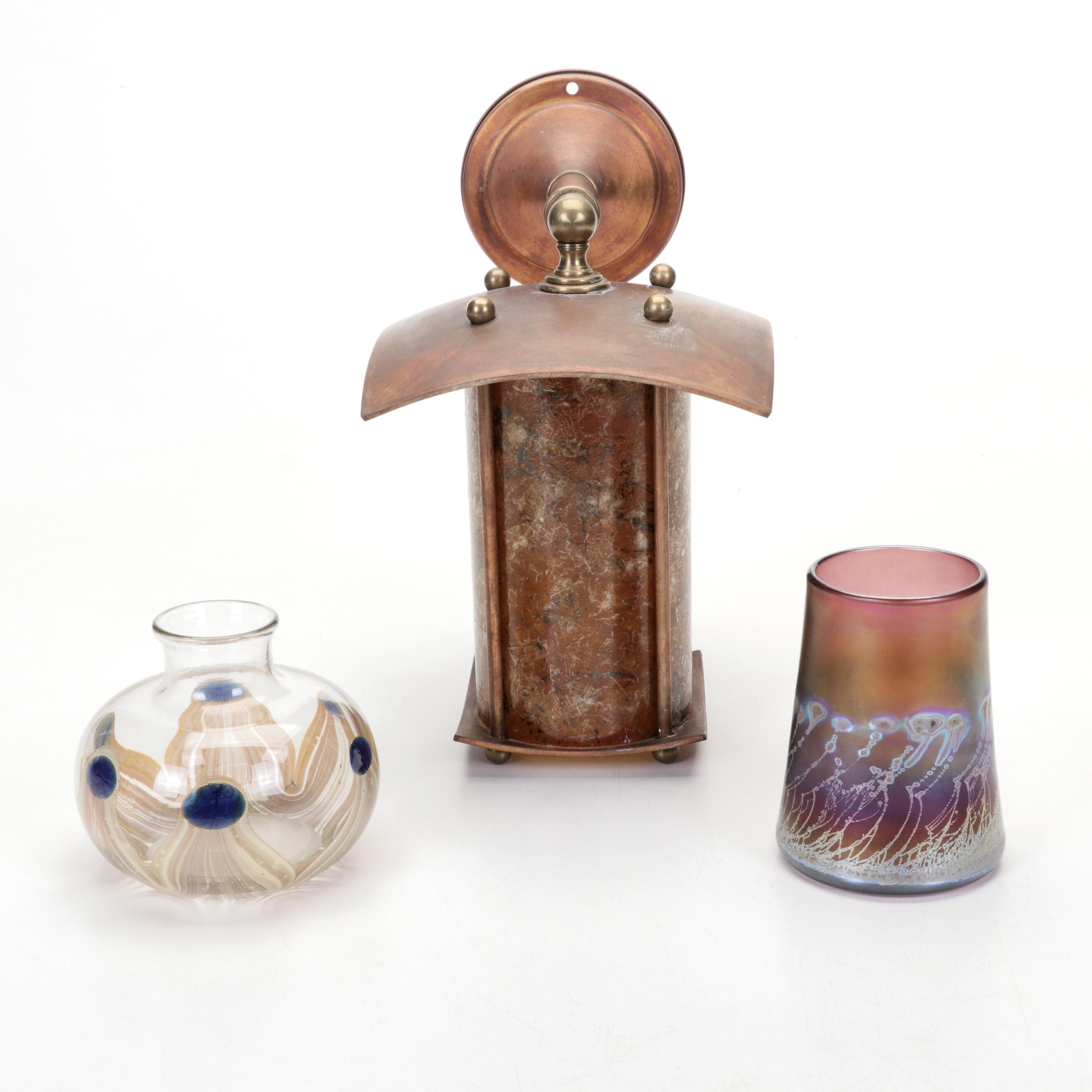 T.M. Hoff "Rising Moon" Copper and Mica Wall Sconce, and Art Glass Vase, Tumbler