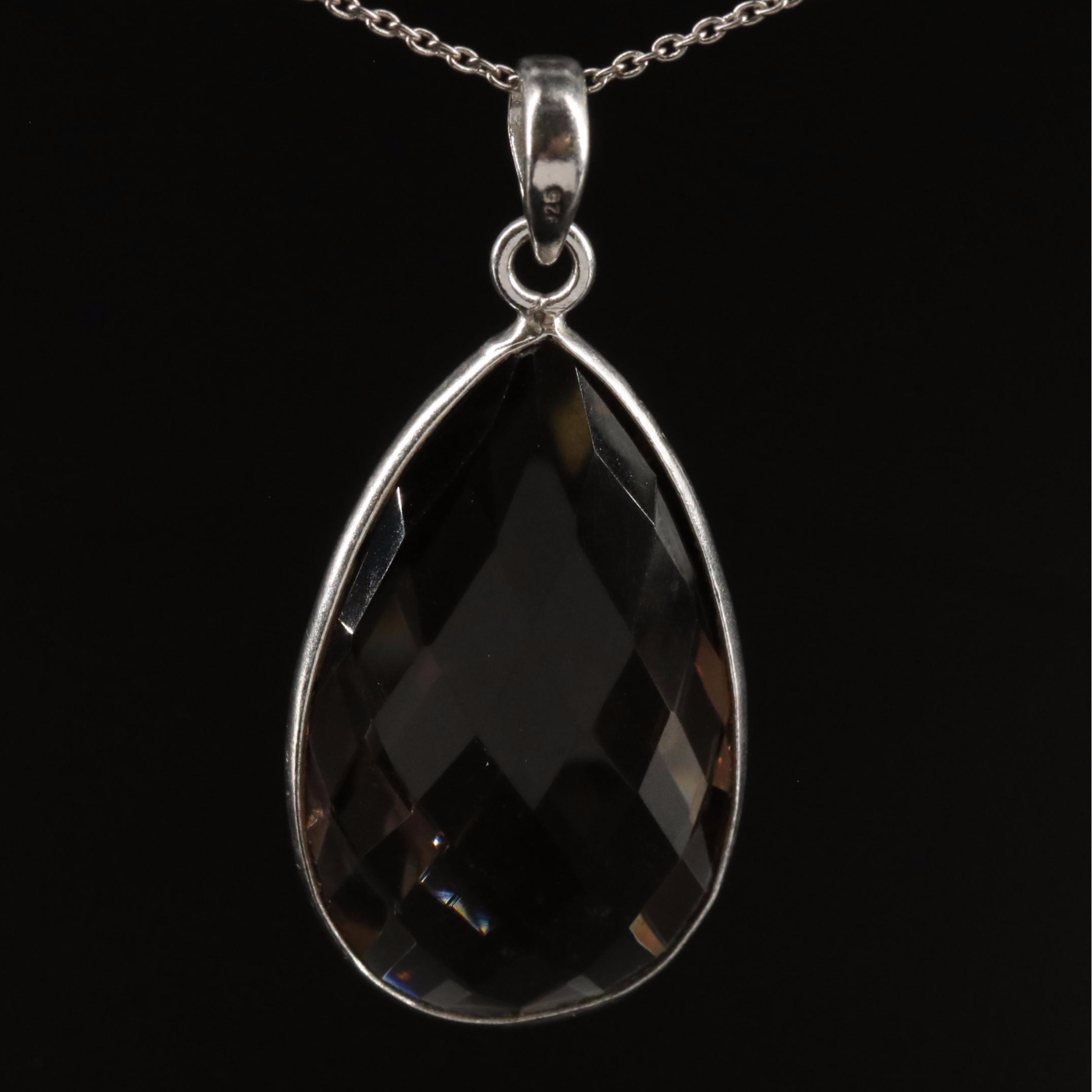 Sterling Smoky Quartz Teardrop Pendant Necklace